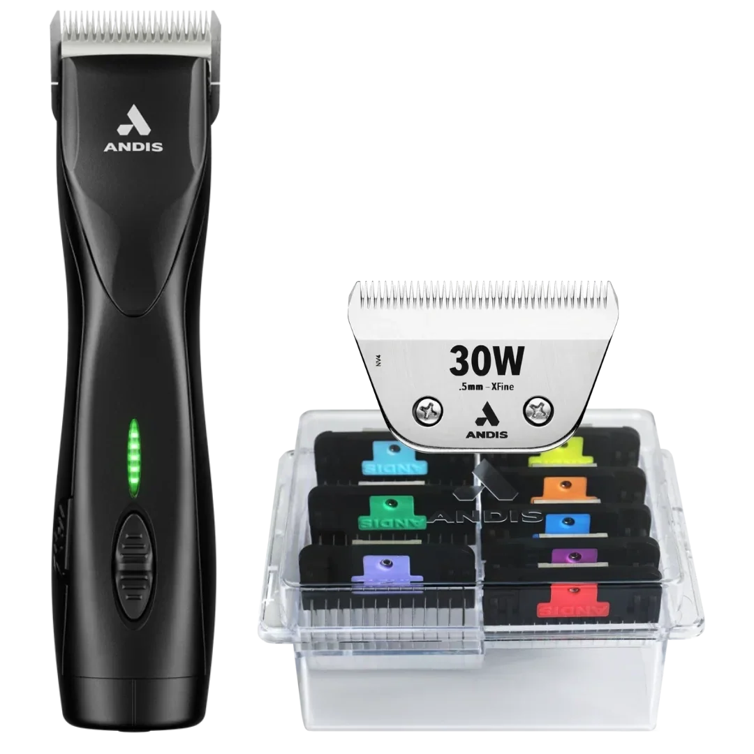 Andis Dog Pulse ZR II Black Clipper with #30W Blade and 8Pc Wide Comb Attachment Bundle