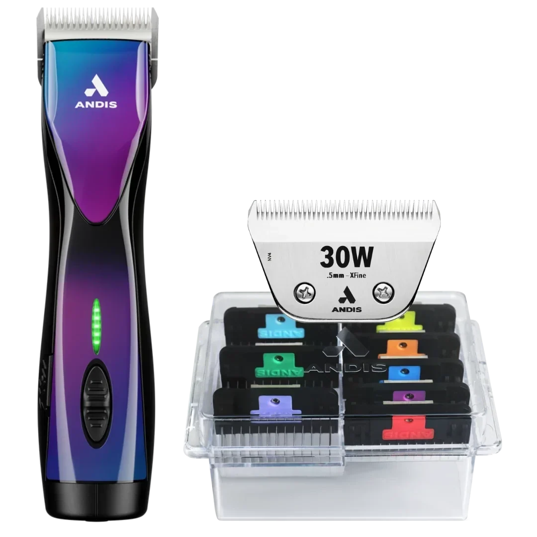 Andis Dog Pulse ZR II Purple Galaxy Clipper with #30W Blade and 8Pc Wide Comb Attachment Bundle
