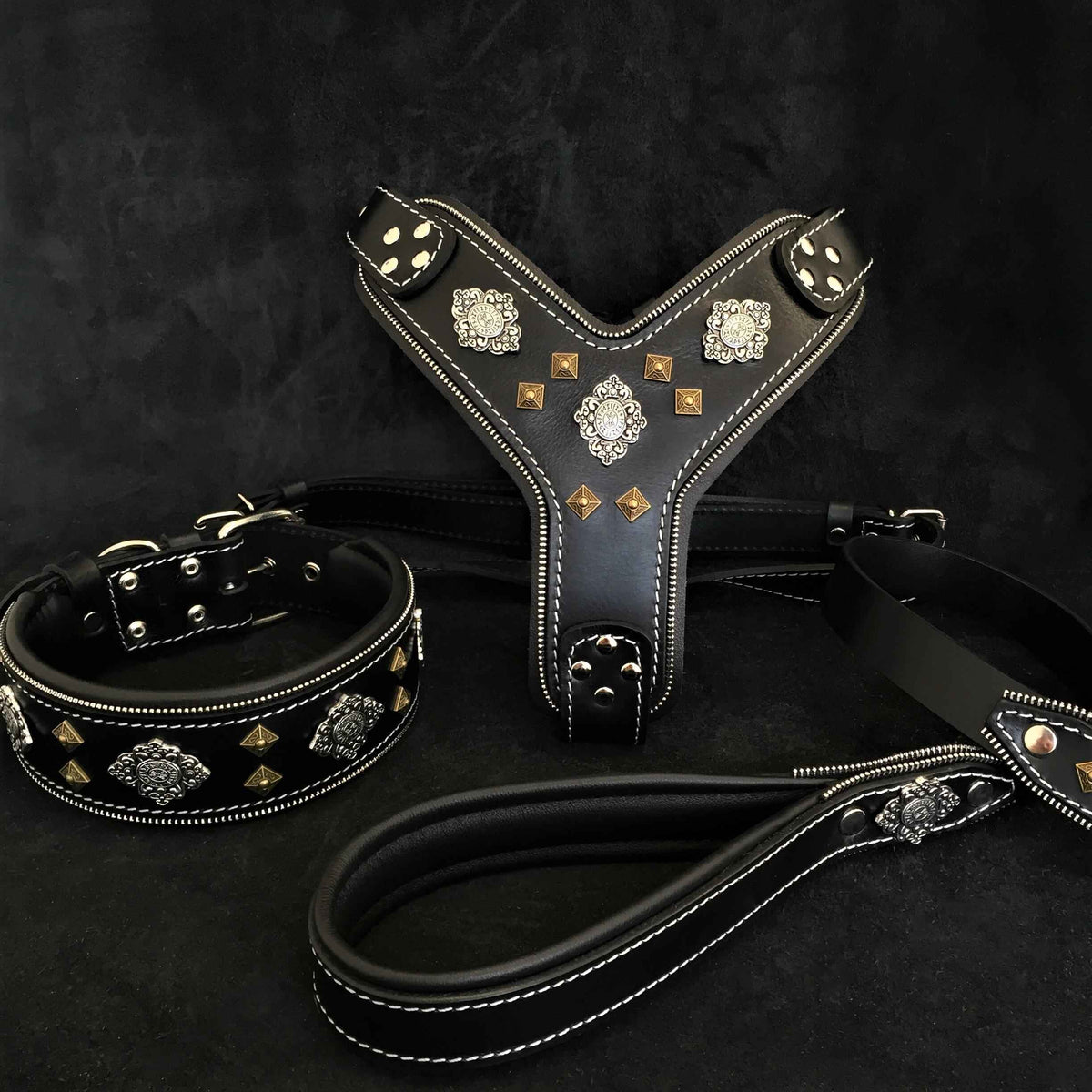 Bestia Aztec Black Leather Large Breed Dog Harness, Collar & Leash Set