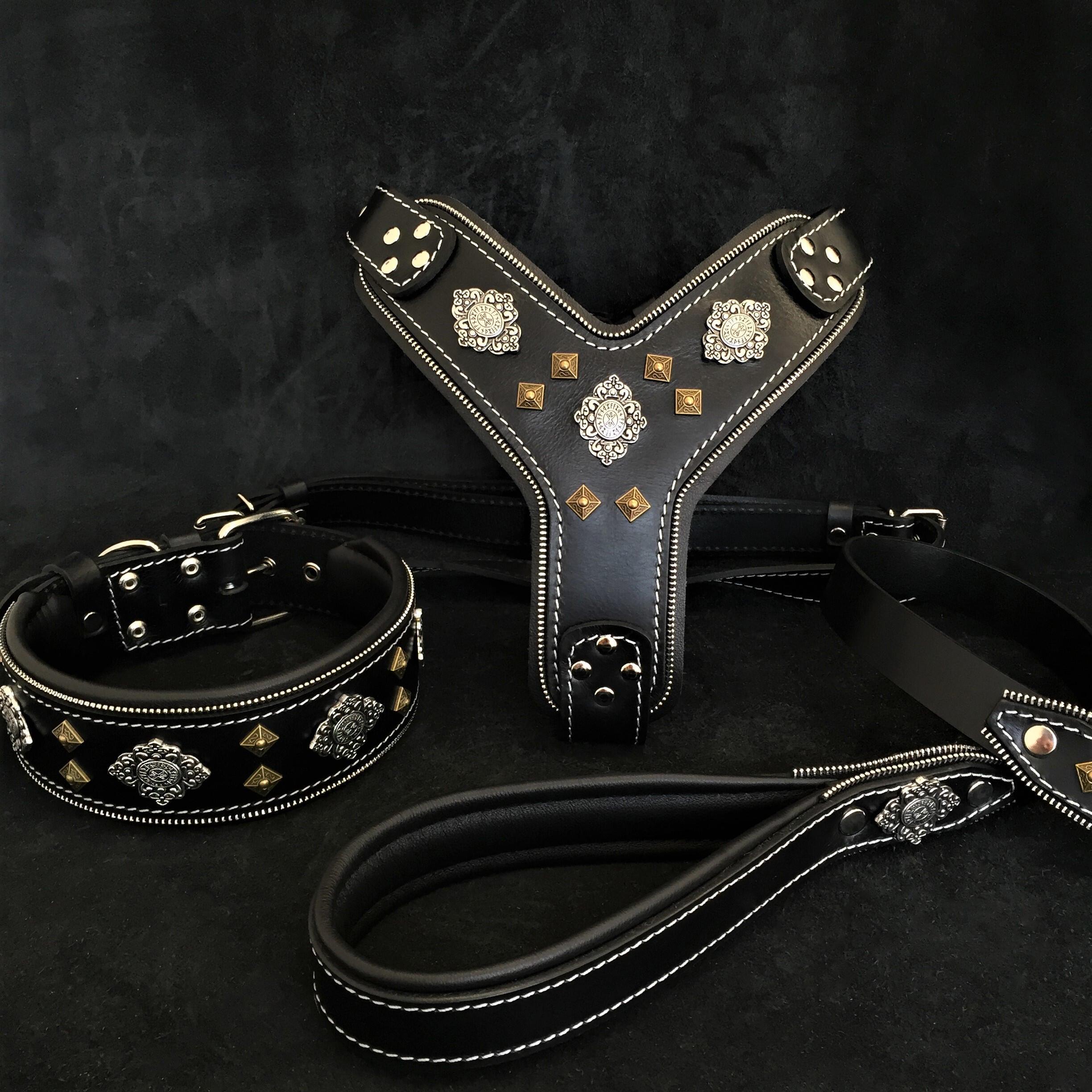 Bestia Dog Gear "AZTEC" BIG dog SET - Harness - collar - lead. Black Genuine Leather Black pet supplies