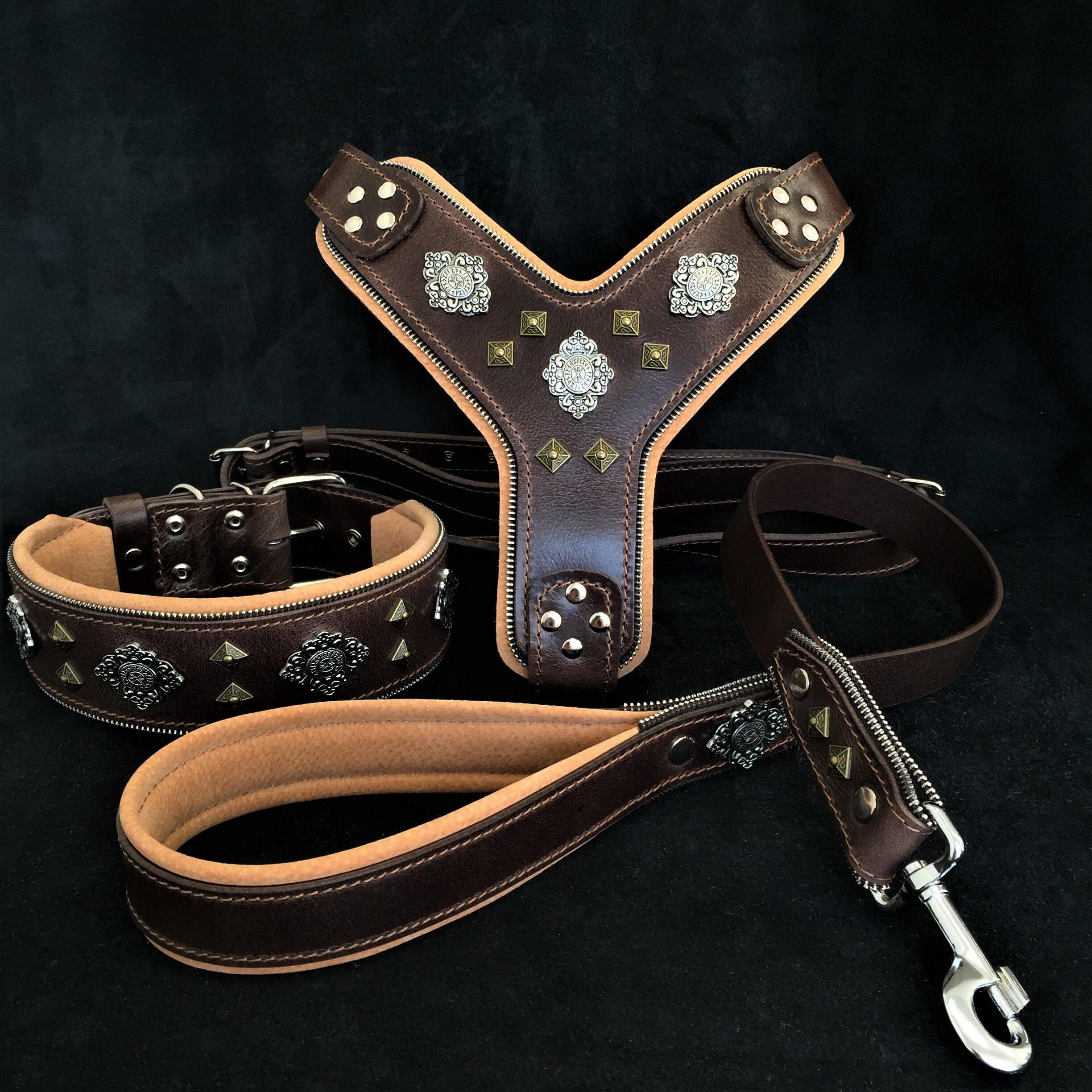 Bestia Dog Gear "AZTEC" BIG dog SET - Harness - collar - lead. Brown Genuine Leather Brown pet supplies