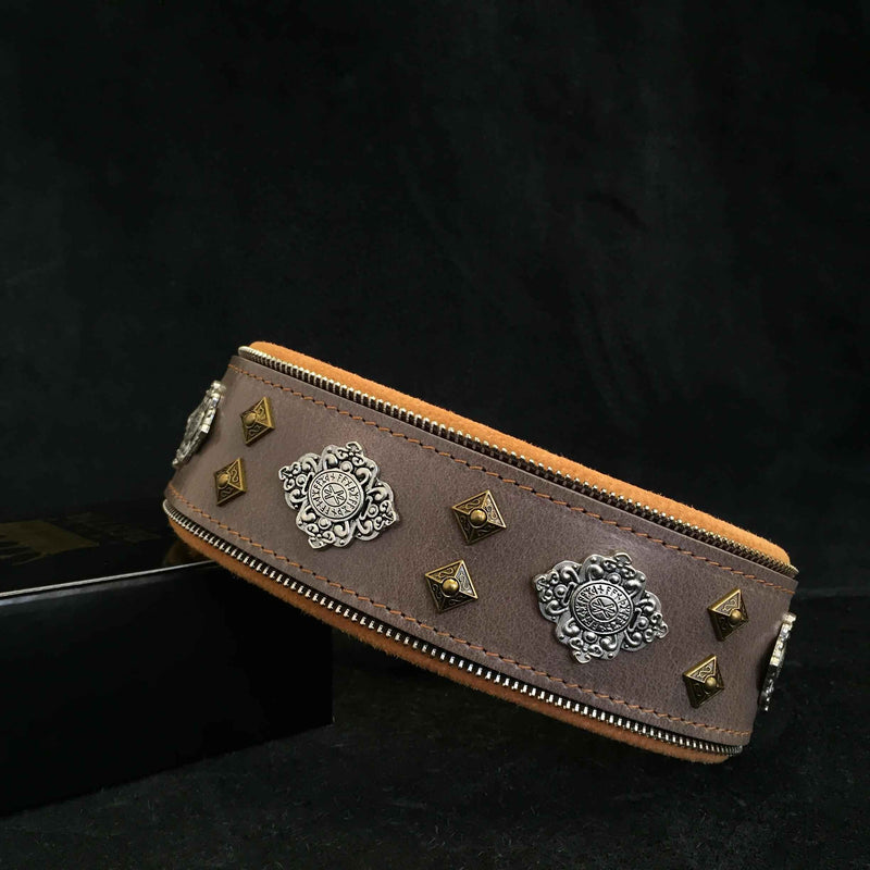 Bestia Aztec Grey Leather Dog Collar