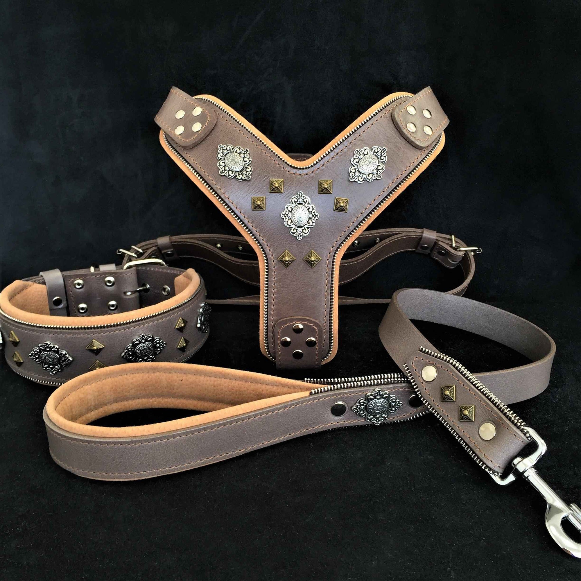 Bestia Aztec Grey Leather Large Breed Dog Harness, Collar & Leash Set