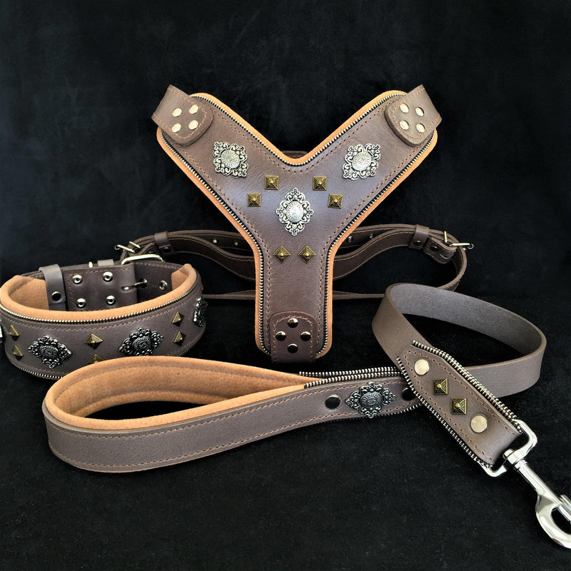 Bestia Dog Gear "AZTEC" BIG dog SET - Harness - collar - lead. Grey Genuine Leather Grey pet supplies