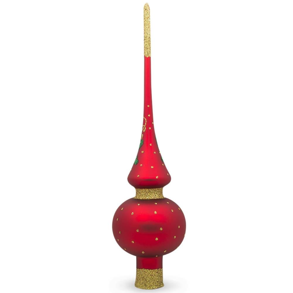 Santa and Mistletoe on Red Glass Christmas Tree Topper 11 Inches