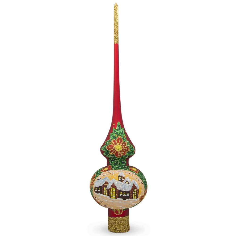 Snow Covered Winter Village Red Glass Christmas Tree Topper 11 Inches