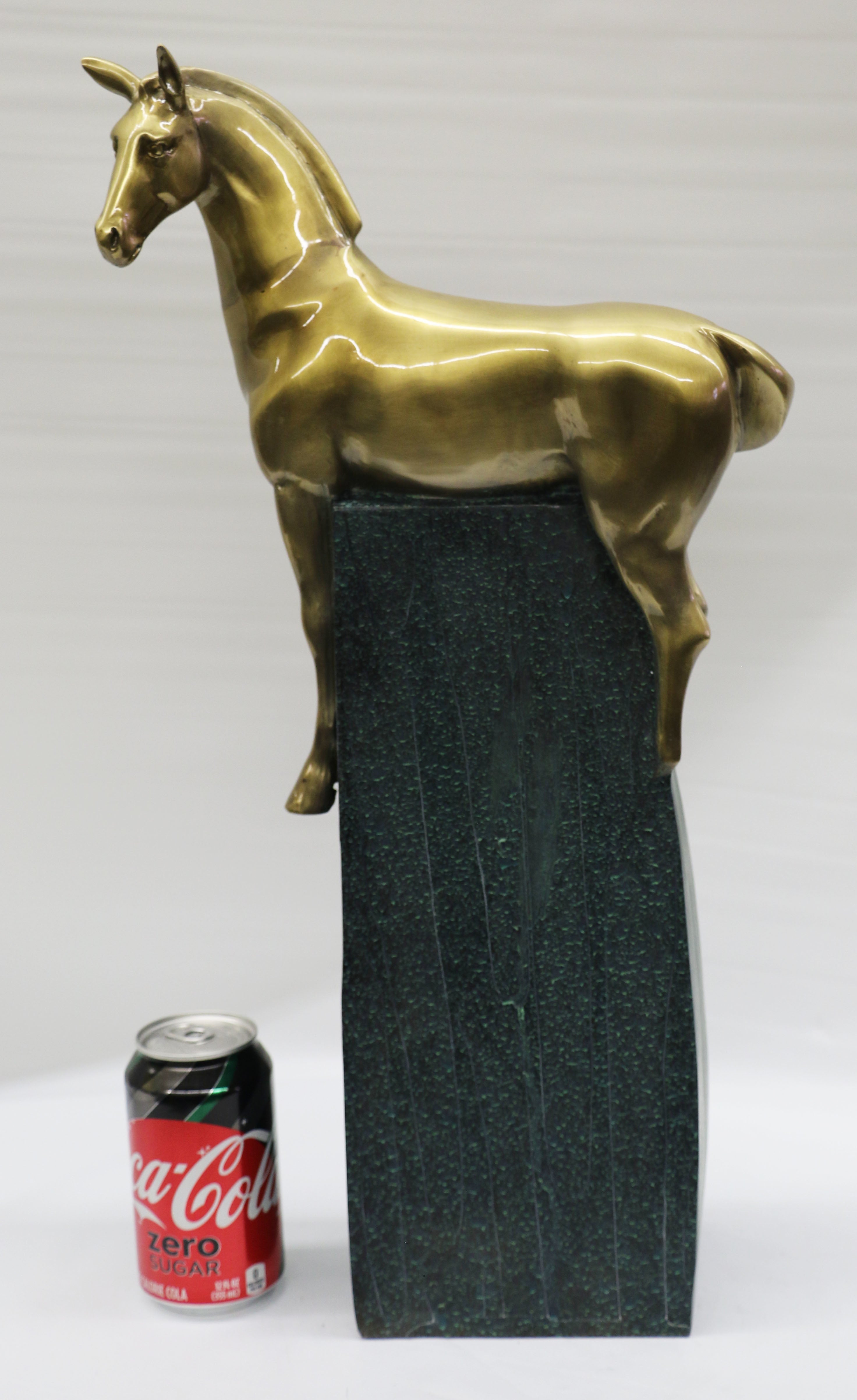 Large Extra Large Green and Gold Patina Stallion Horse Bronze Sculpture Figurine