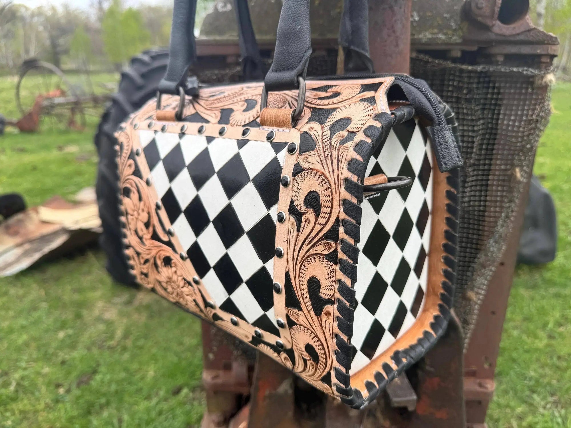 Luxe Tooled Leather Starry Night Rhinestone Stud Checkered Speedy Bag