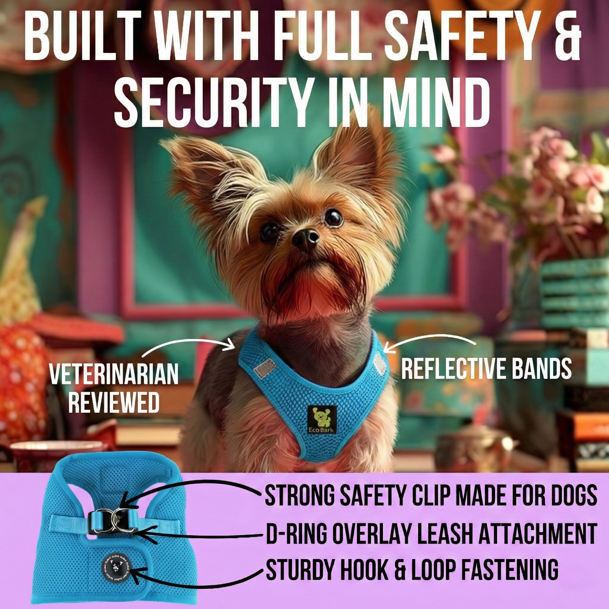 EcoBark Step In Dog Harness - Teacup & Small Breeds- Reflective Soft Mesh Harness for Teacup, Small Dogs and Puppies / Sky Blue
