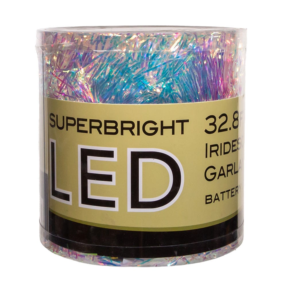 Kurt Adler 32.8-Foot Battery-Operated Iridescent Tinsel Garland with 100 Multi-Colored Lights