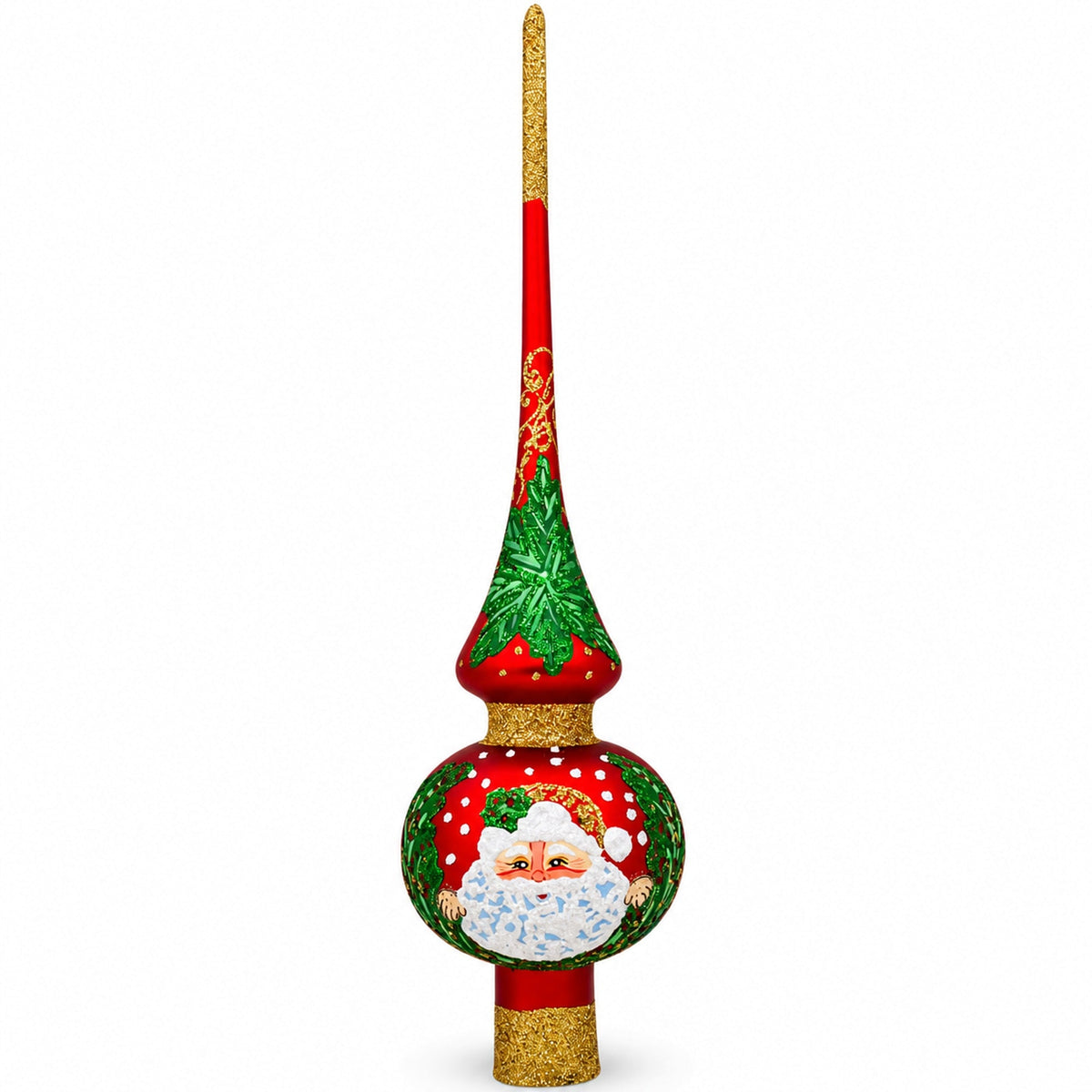 Santa and Mistletoe on Red Glass Christmas Tree Topper 11 Inches