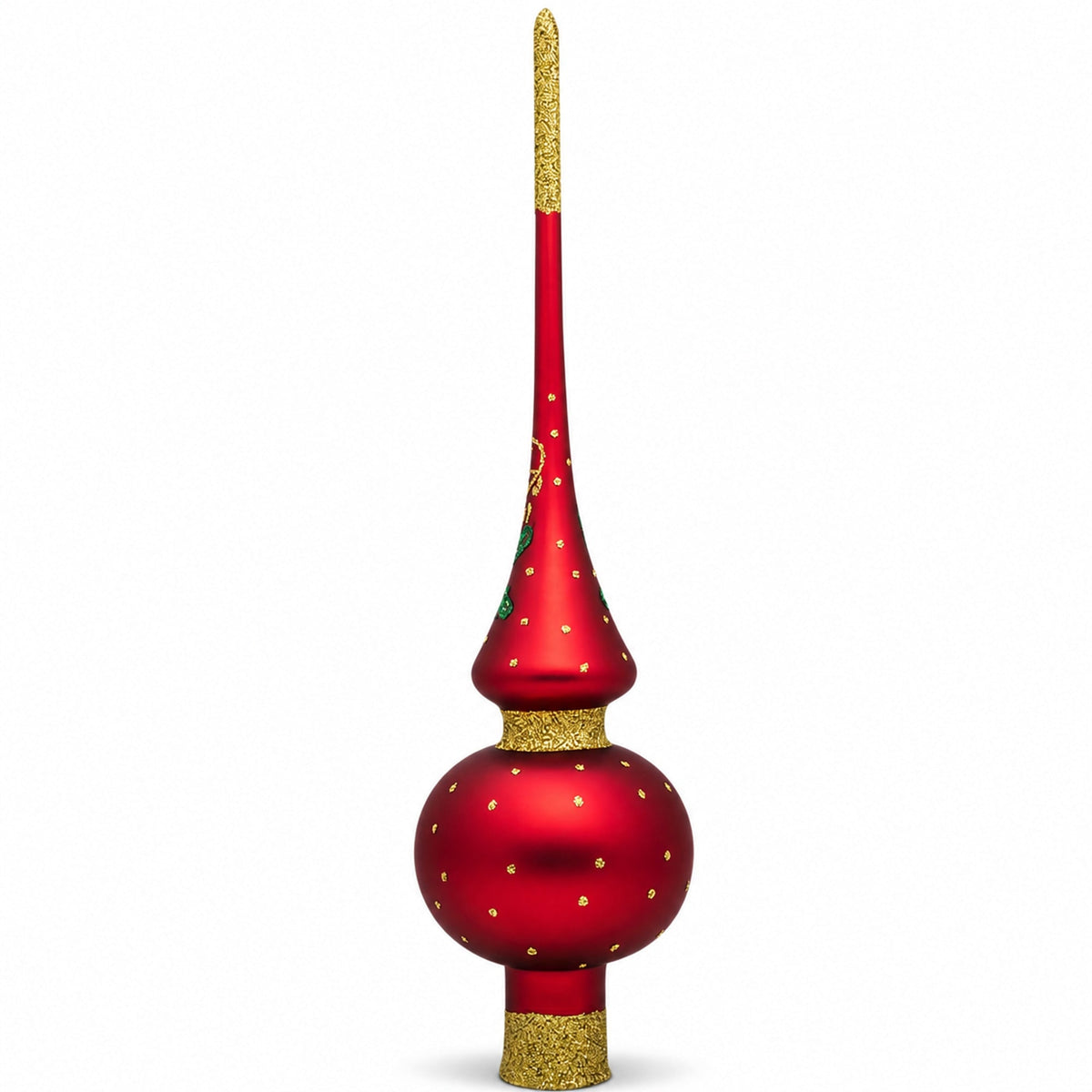 Santa and Mistletoe on Red Glass Christmas Tree Topper 11 Inches