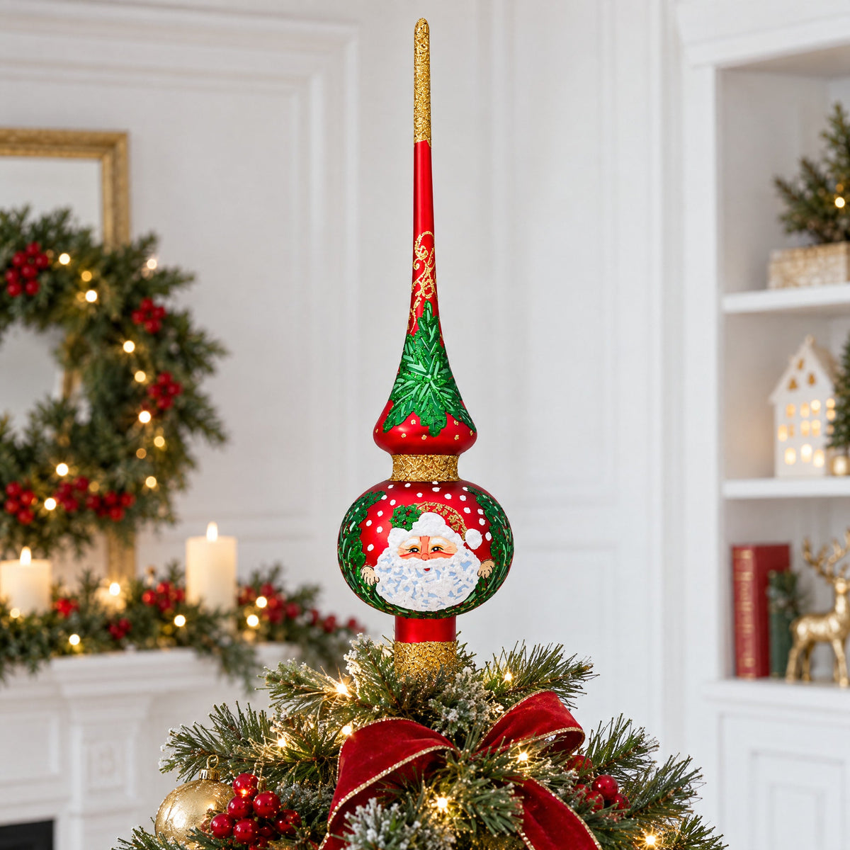 Santa and Mistletoe on Red Glass Christmas Tree Topper 11 Inches