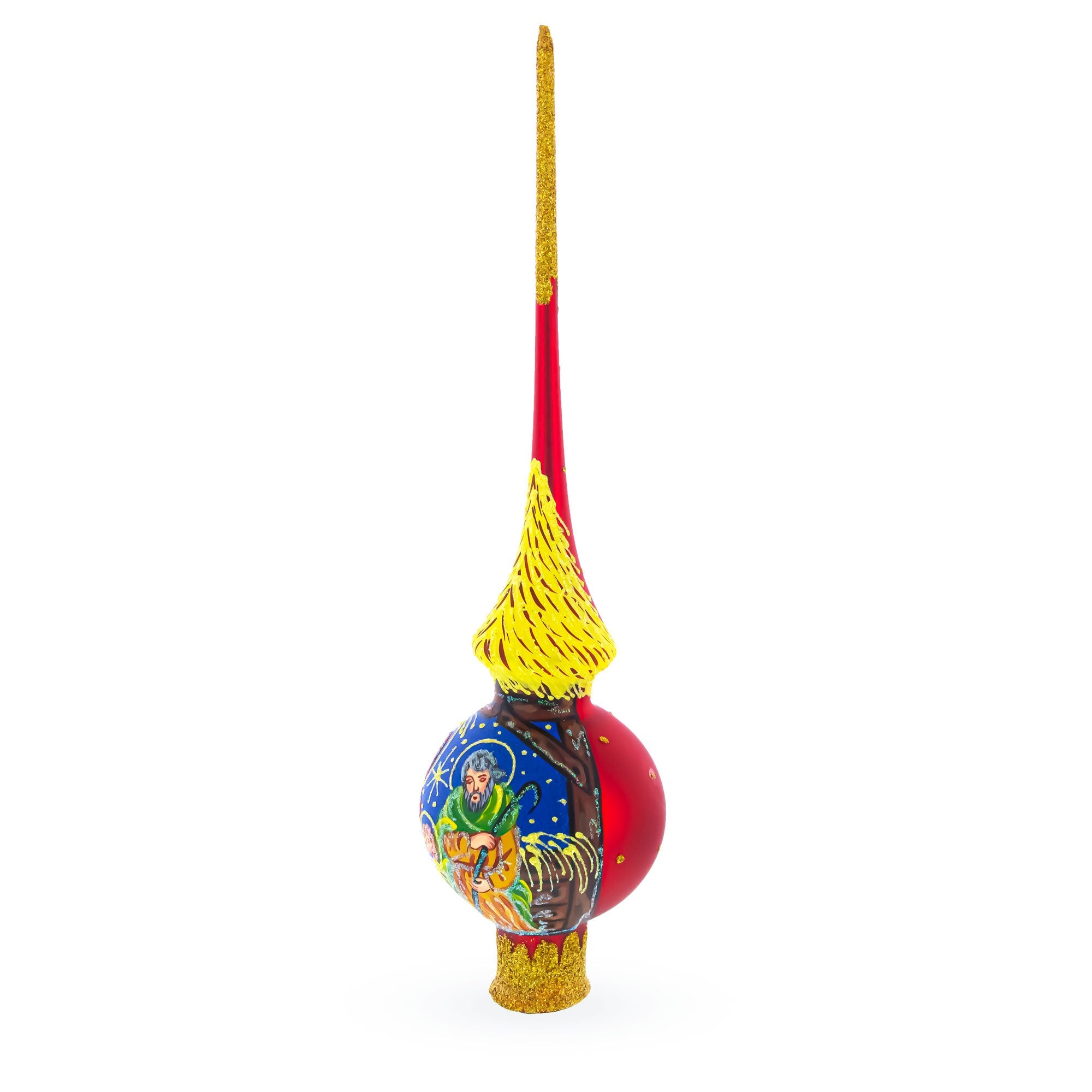 Holy Family on Red Glass Christmas Tree Topper 11 Inches
