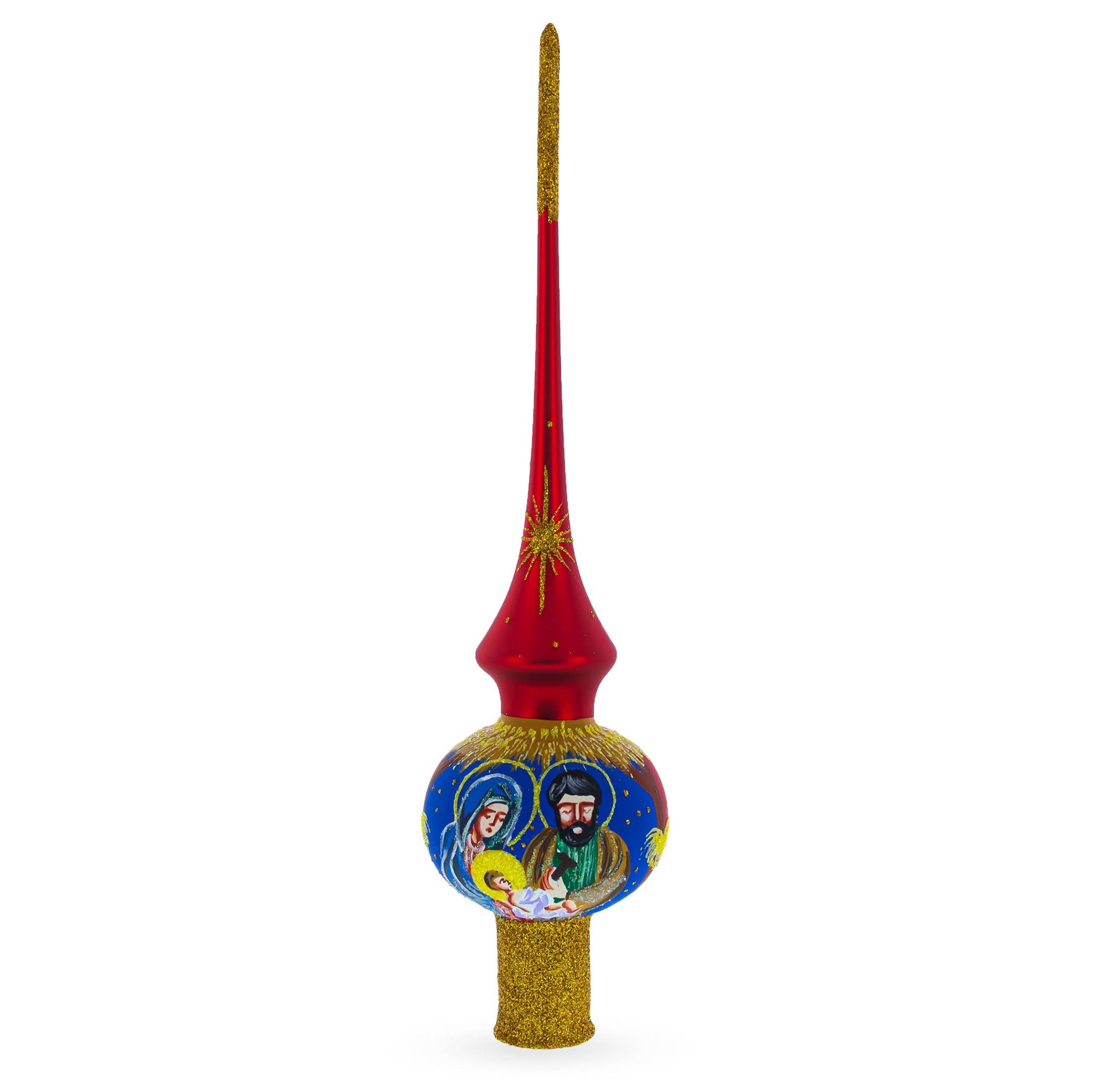 Holy Family Nativity Scene on Red Glass Christmas Tree Topper 11 Inches