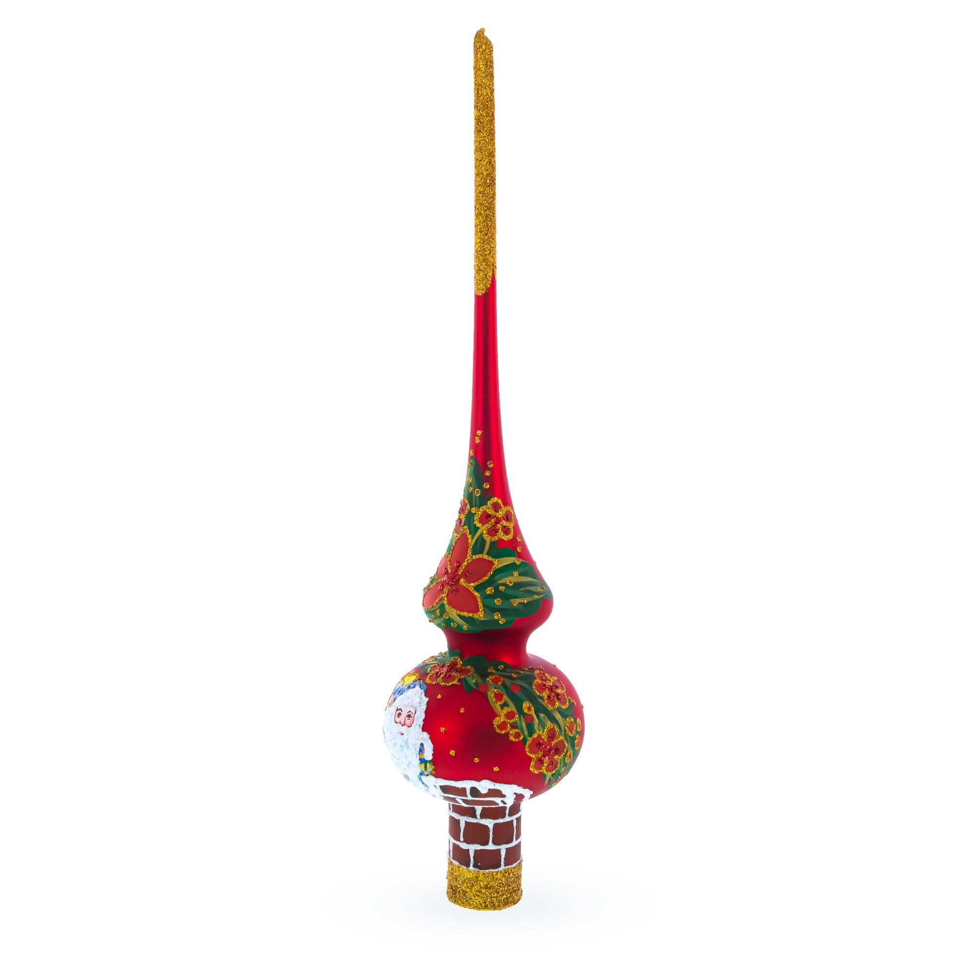 Santa Climbing Down Chimney on Red Glass Christmas Tree Topper 11 Inches