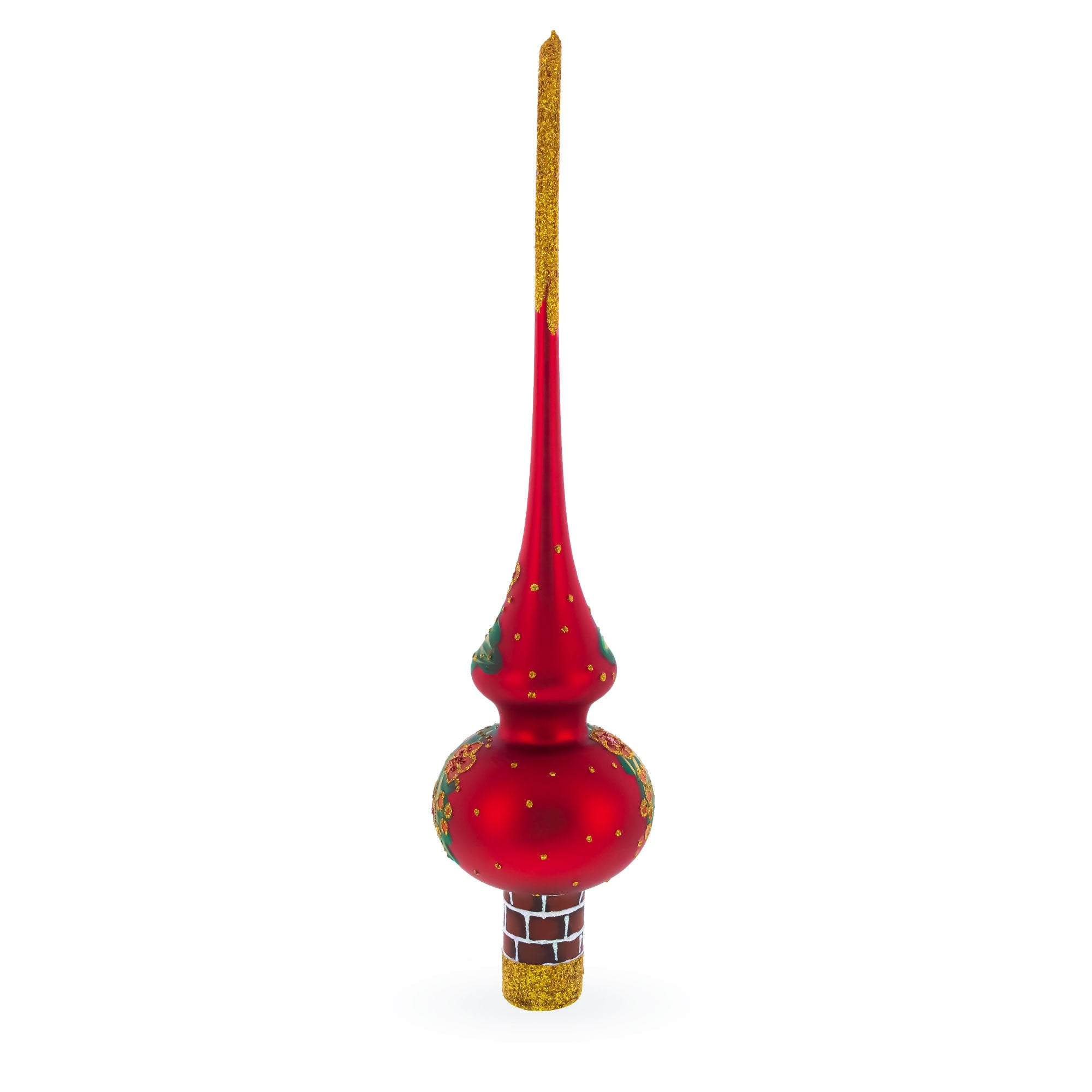Santa Climbing Down Chimney on Red Glass Christmas Tree Topper 11 Inches