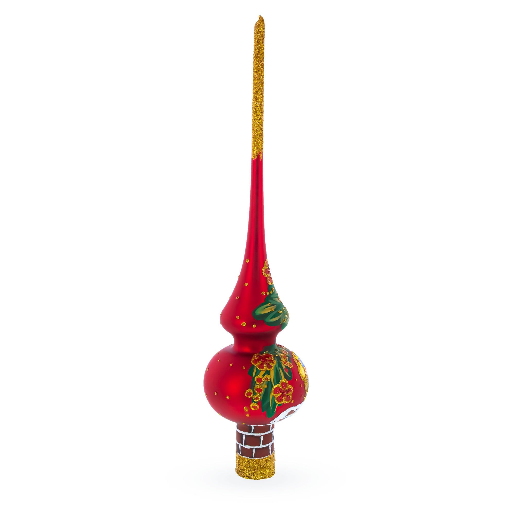 Santa Climbing Down Chimney on Red Glass Christmas Tree Topper 11 Inches