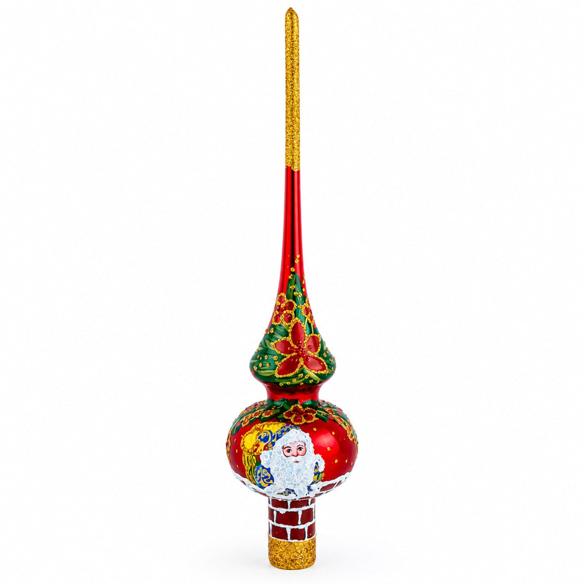 Santa Climbing Down Chimney on Red Glass Christmas Tree Topper 11 Inches