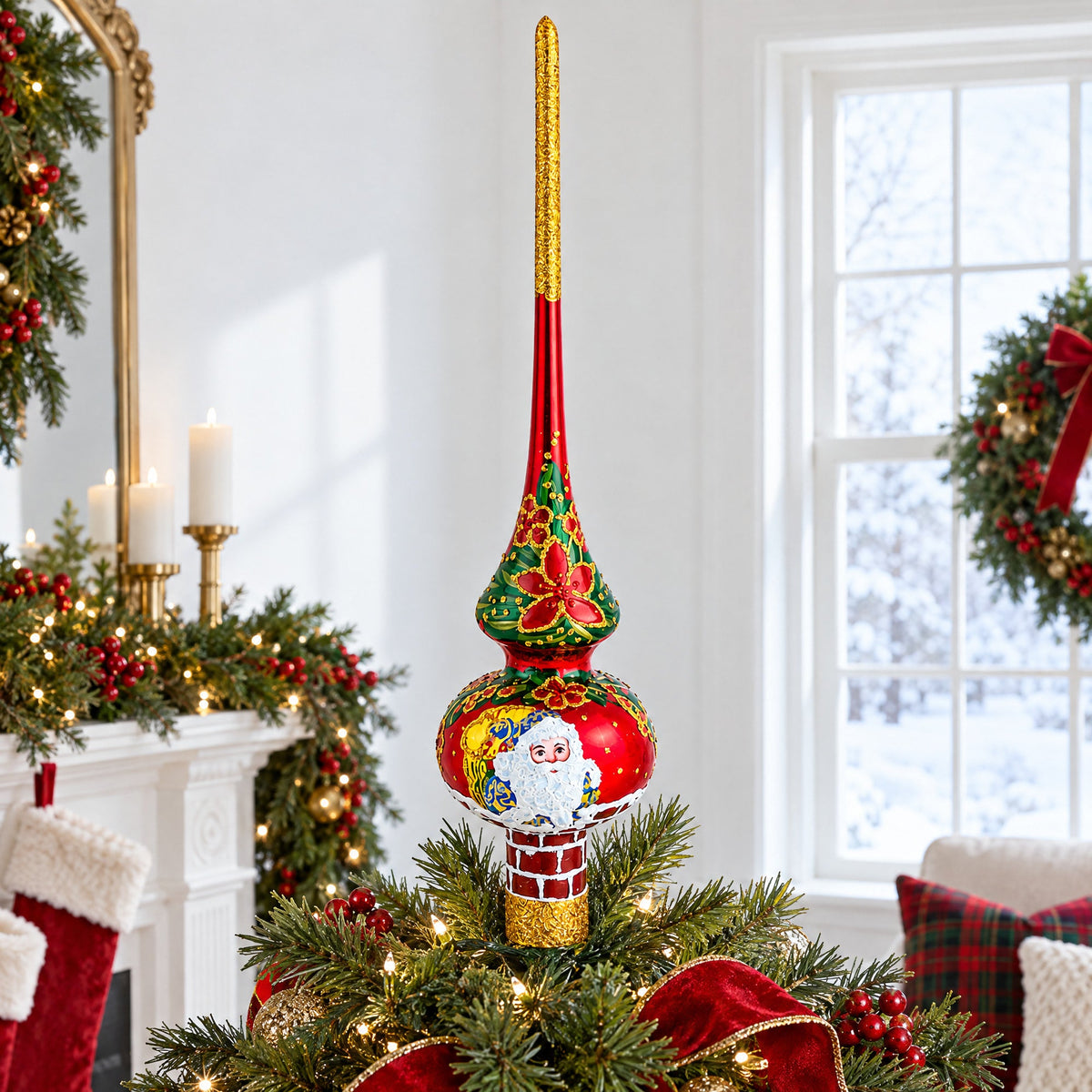 Santa Climbing Down Chimney on Red Glass Christmas Tree Topper 11 Inches