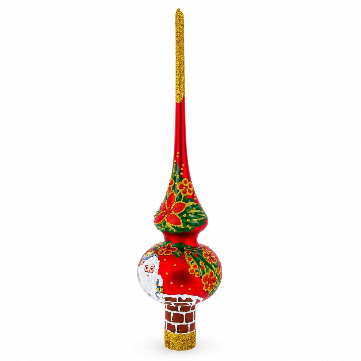 Santa Climbing Down Chimney on Red Glass Christmas Tree Topper 11 Inches