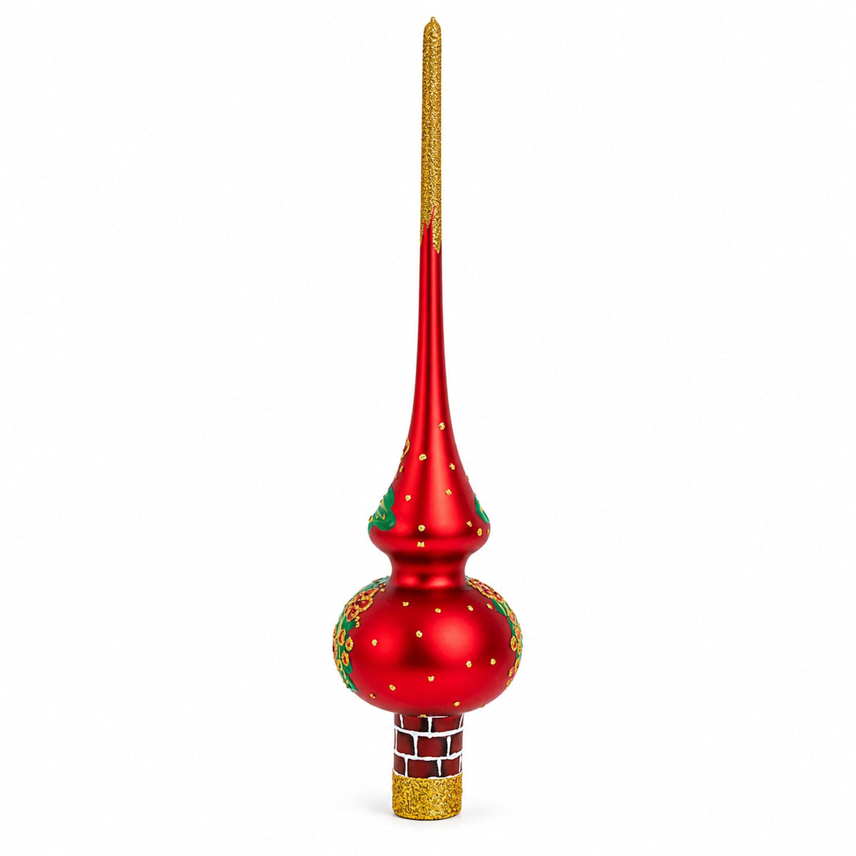 Santa Climbing Down Chimney on Red Glass Christmas Tree Topper 11 Inches