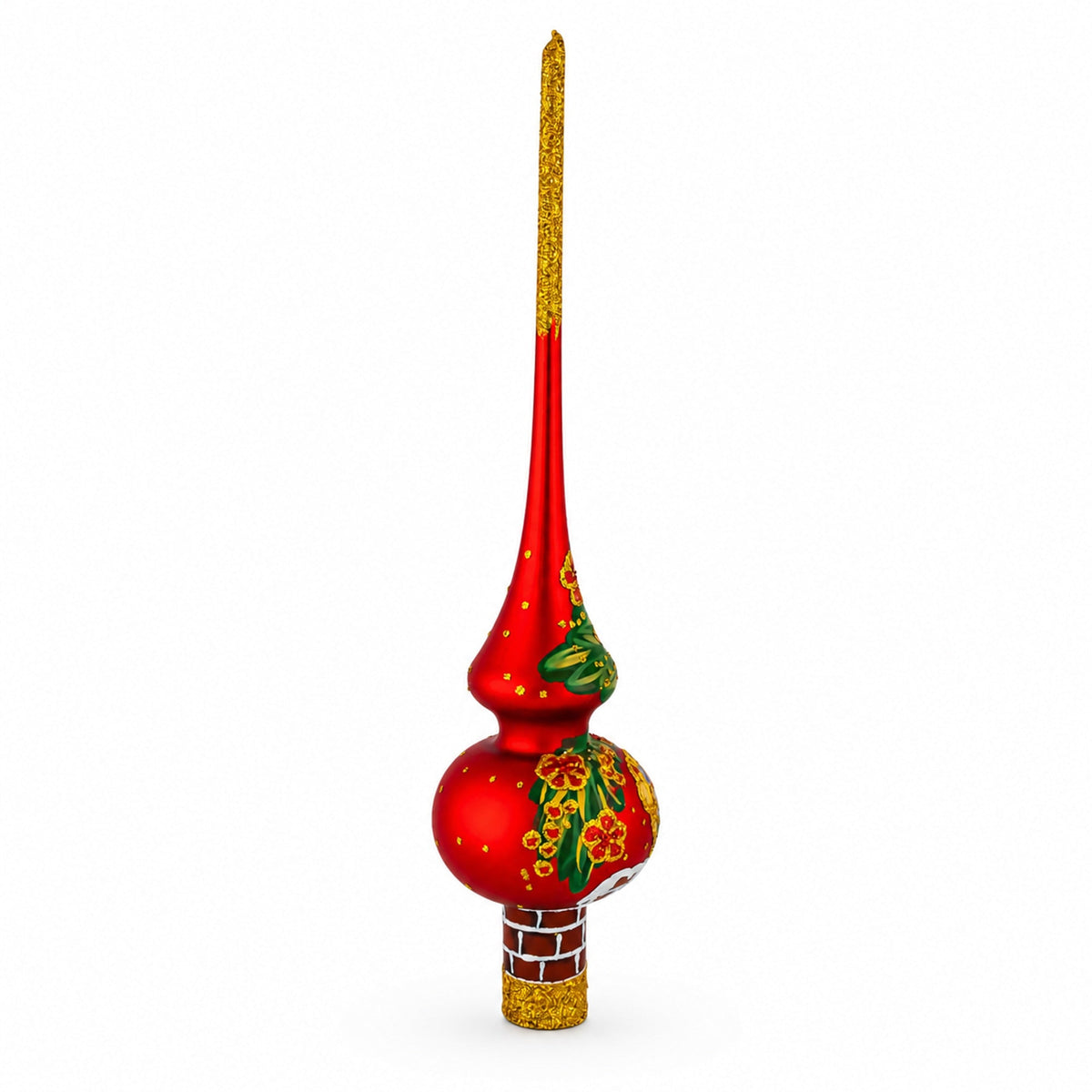 Santa Climbing Down Chimney on Red Glass Christmas Tree Topper 11 Inches