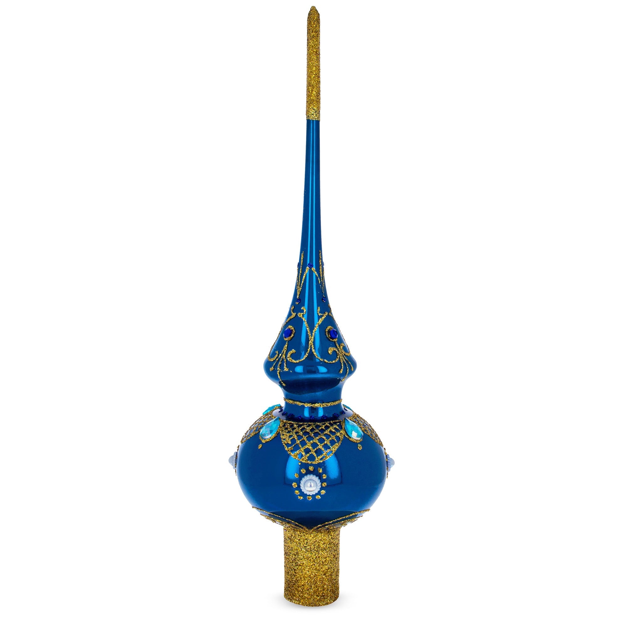 Blue Jewels and White Pearls on Glossy Blue Glass Christmas Tree Topper 11 Inches