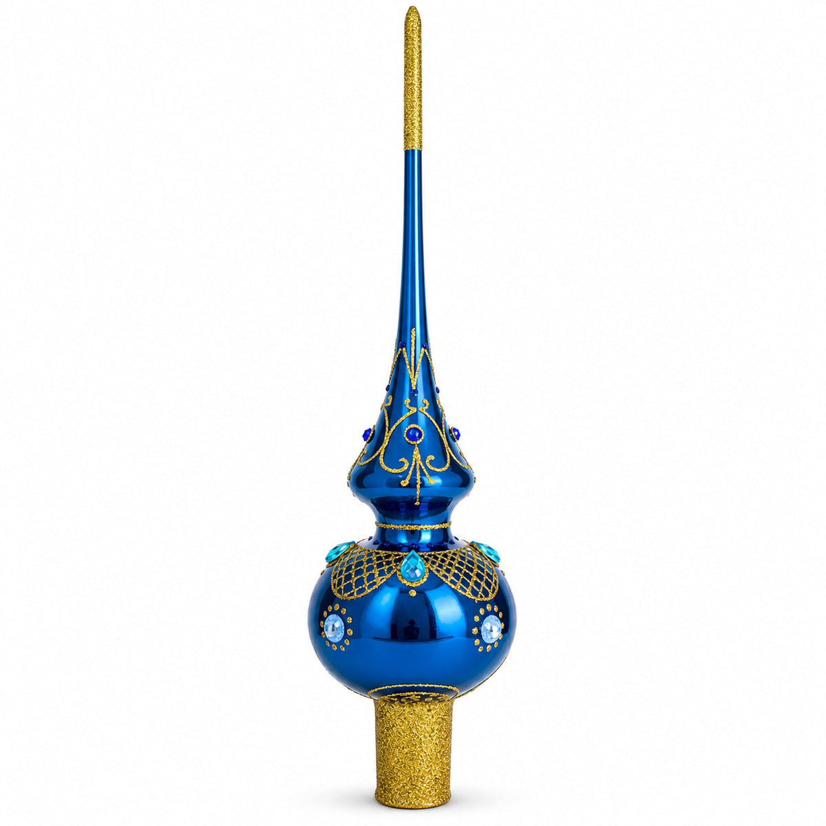 Blue Jewels and White Pearls on Glossy Blue Glass Christmas Tree Topper 11 Inches