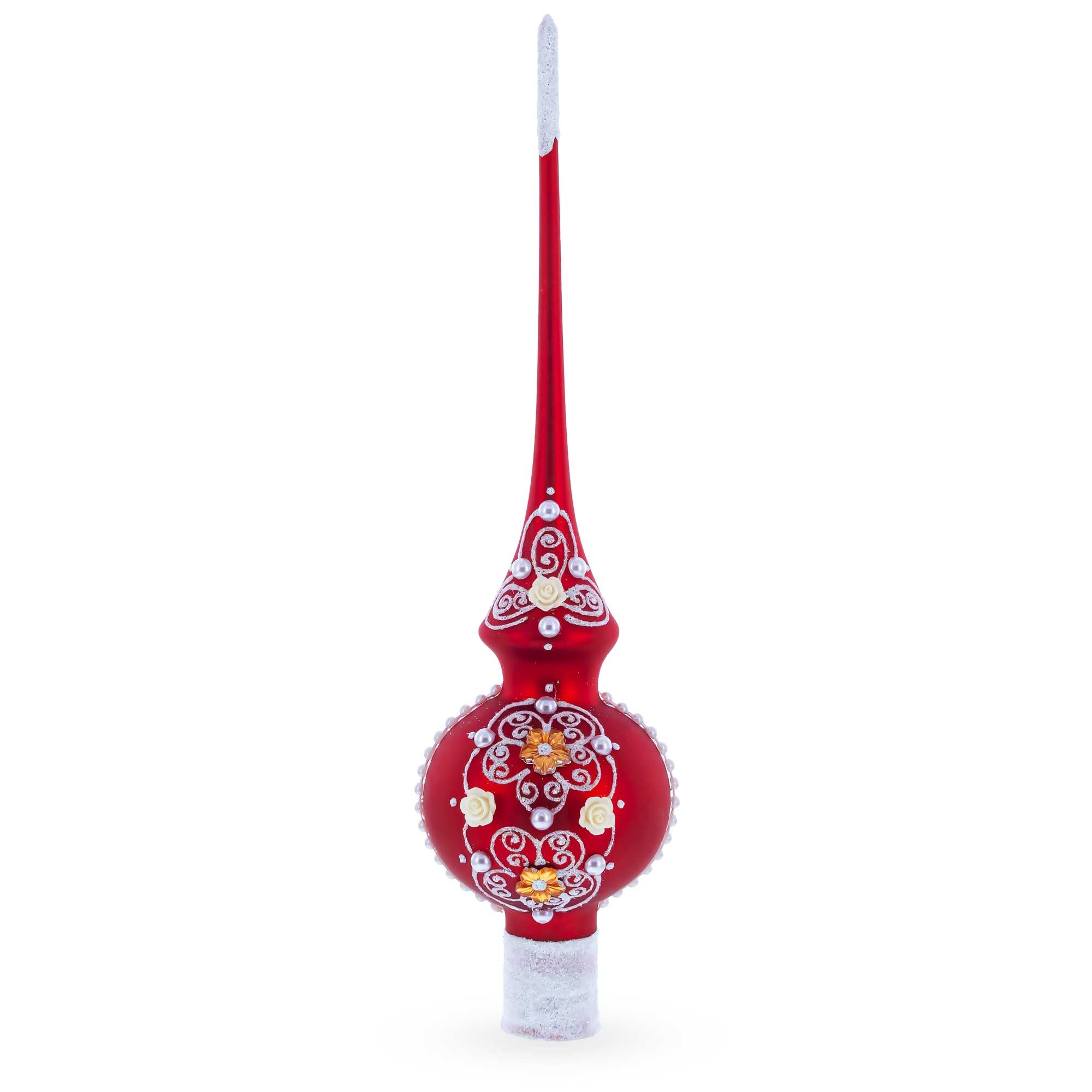 Golden Flowers and Silver Swirls on Red Glass Christmas Tree Topper 11 Inches