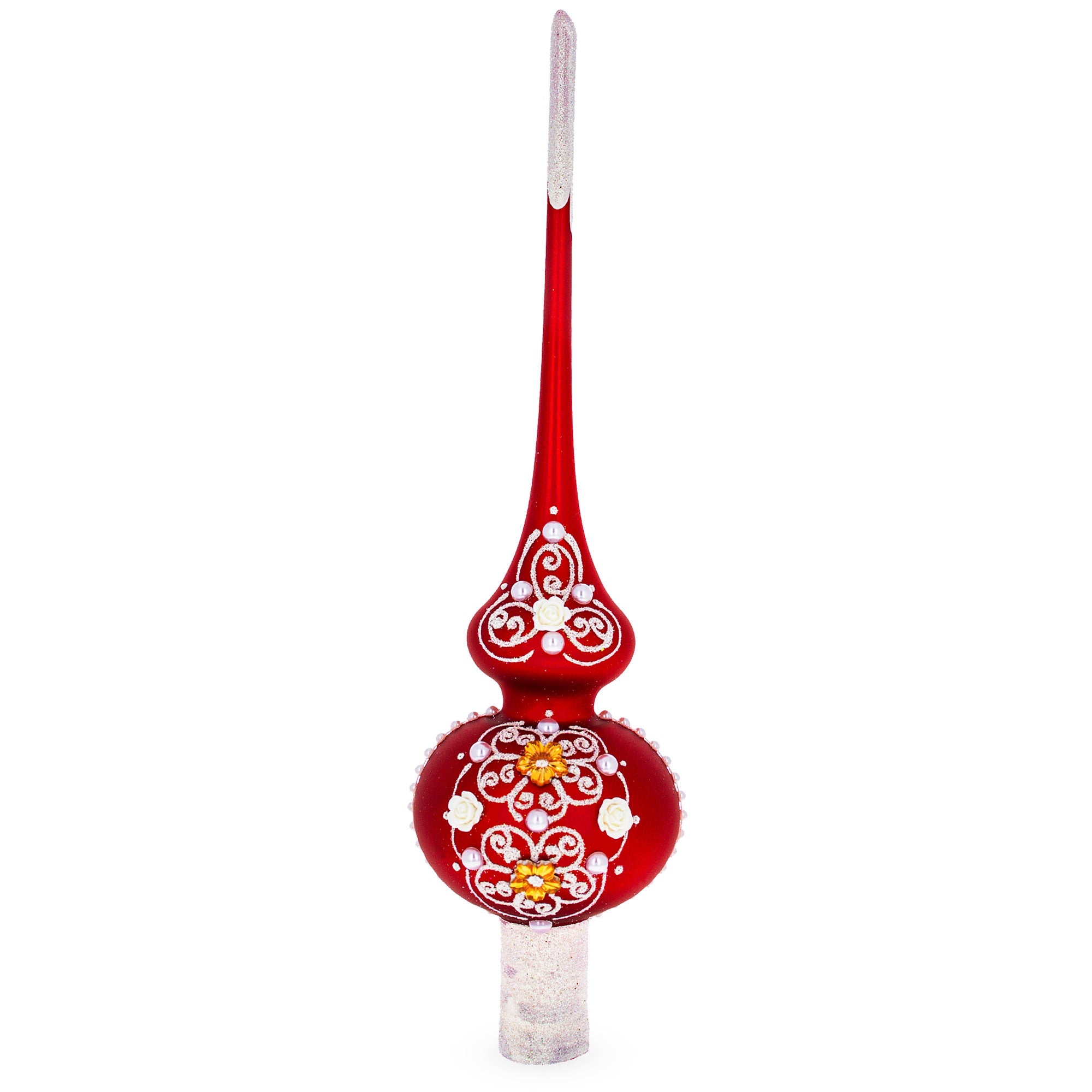 Golden Flowers and Silver Swirls on Red Glass Christmas Tree Topper 11 Inches