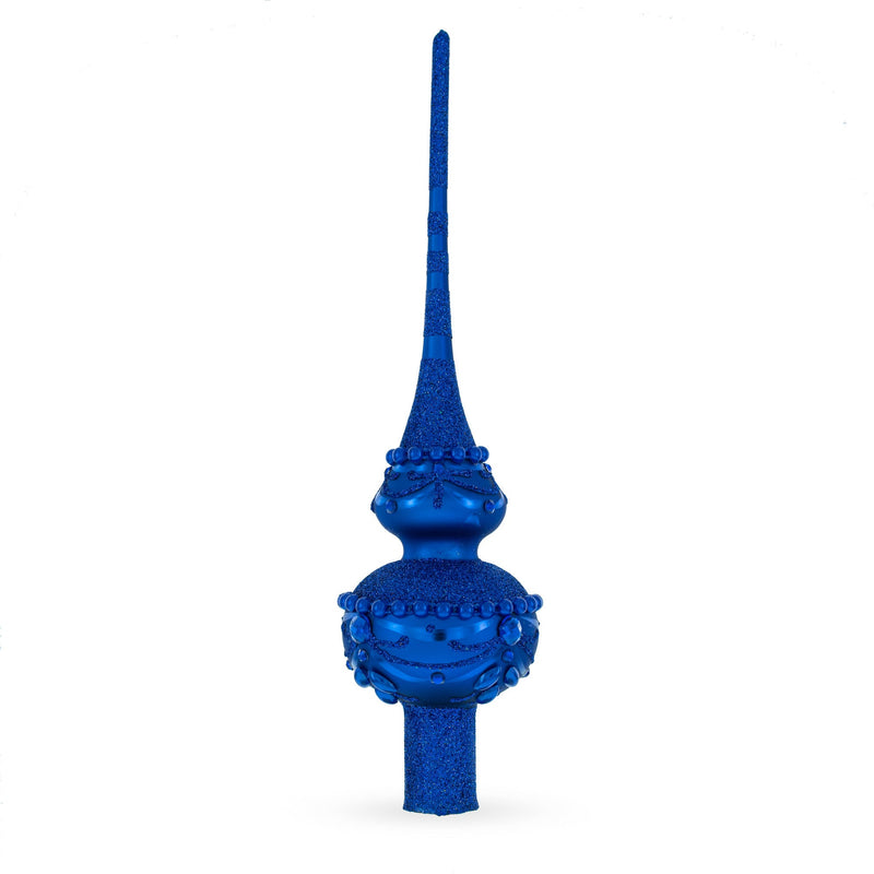 Dimensional Blue Jewels Chandelier on Red Glass Christmas Tree Topper 11 Inches