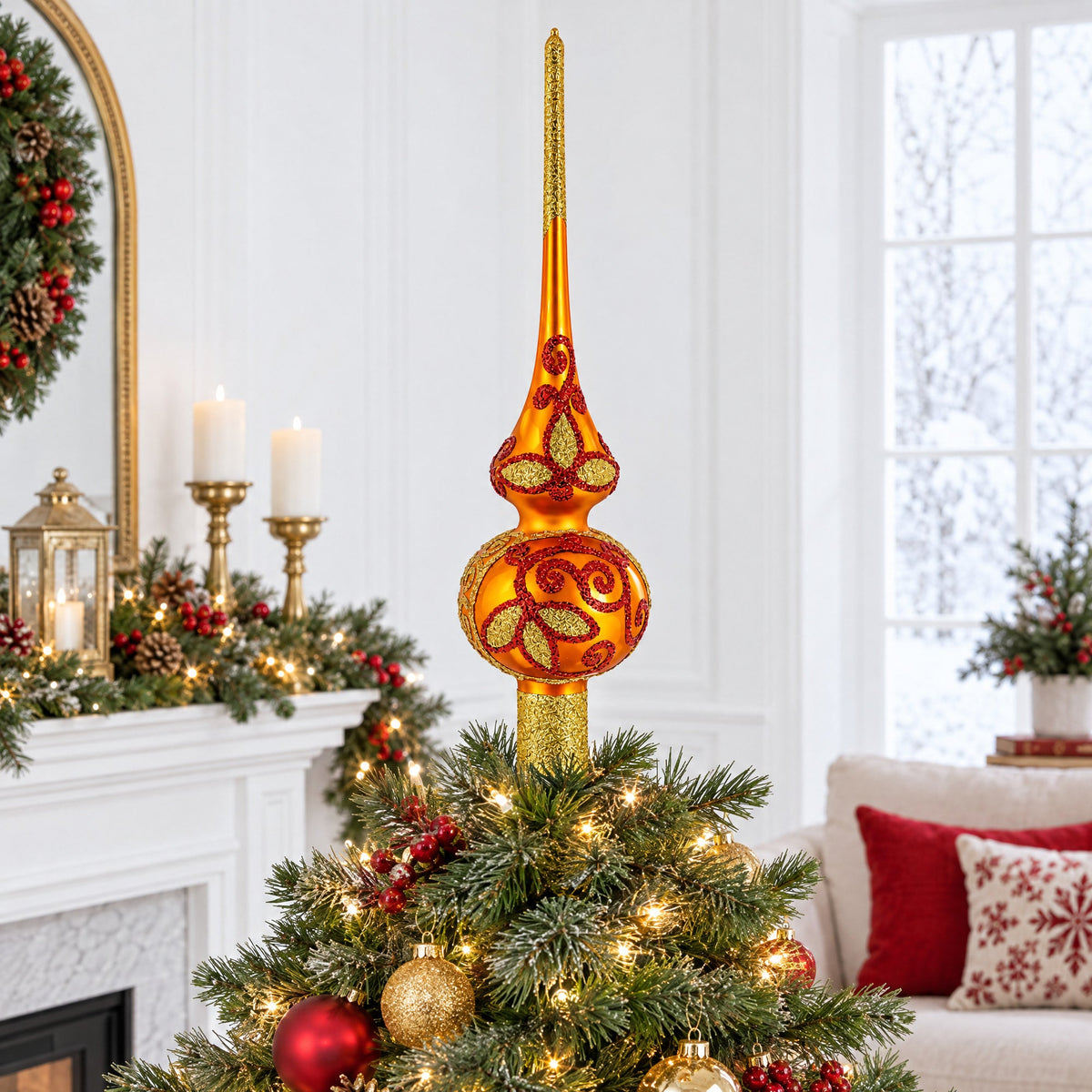 Sparkling Leaves on Gold Glass Christmas Tree Topper 11 Inches