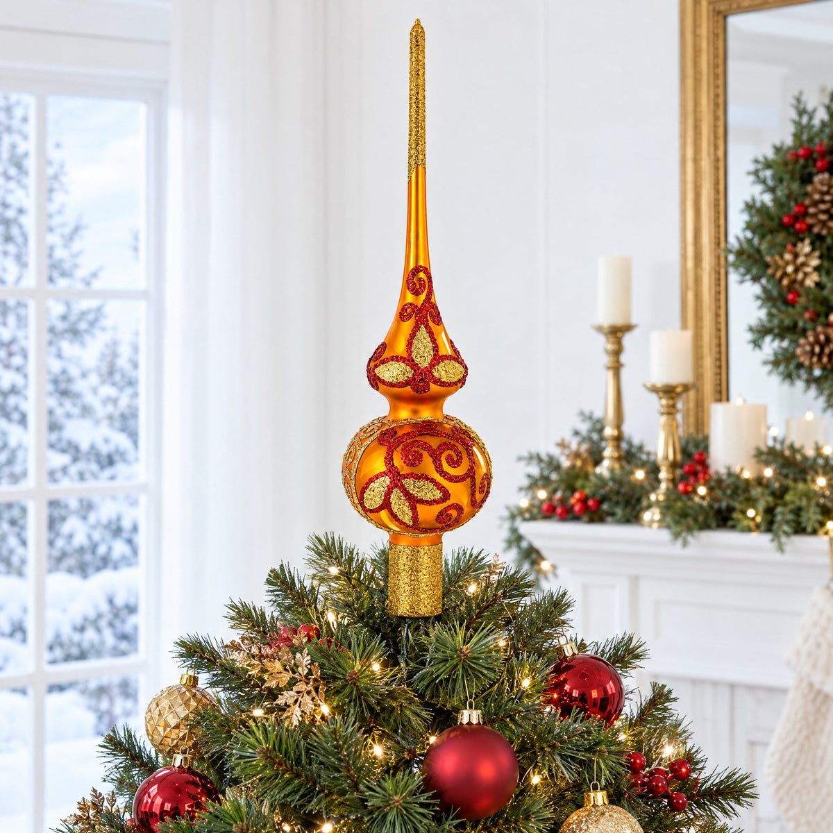 Sparkling Leaves on Gold Glass Christmas Tree Topper 11 Inches