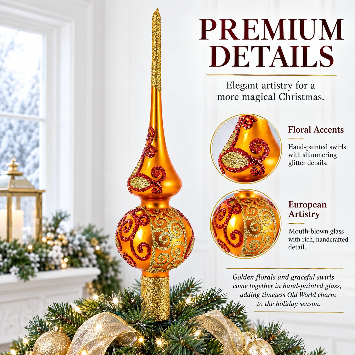 Sparkling Leaves on Gold Glass Christmas Tree Topper 11 Inches