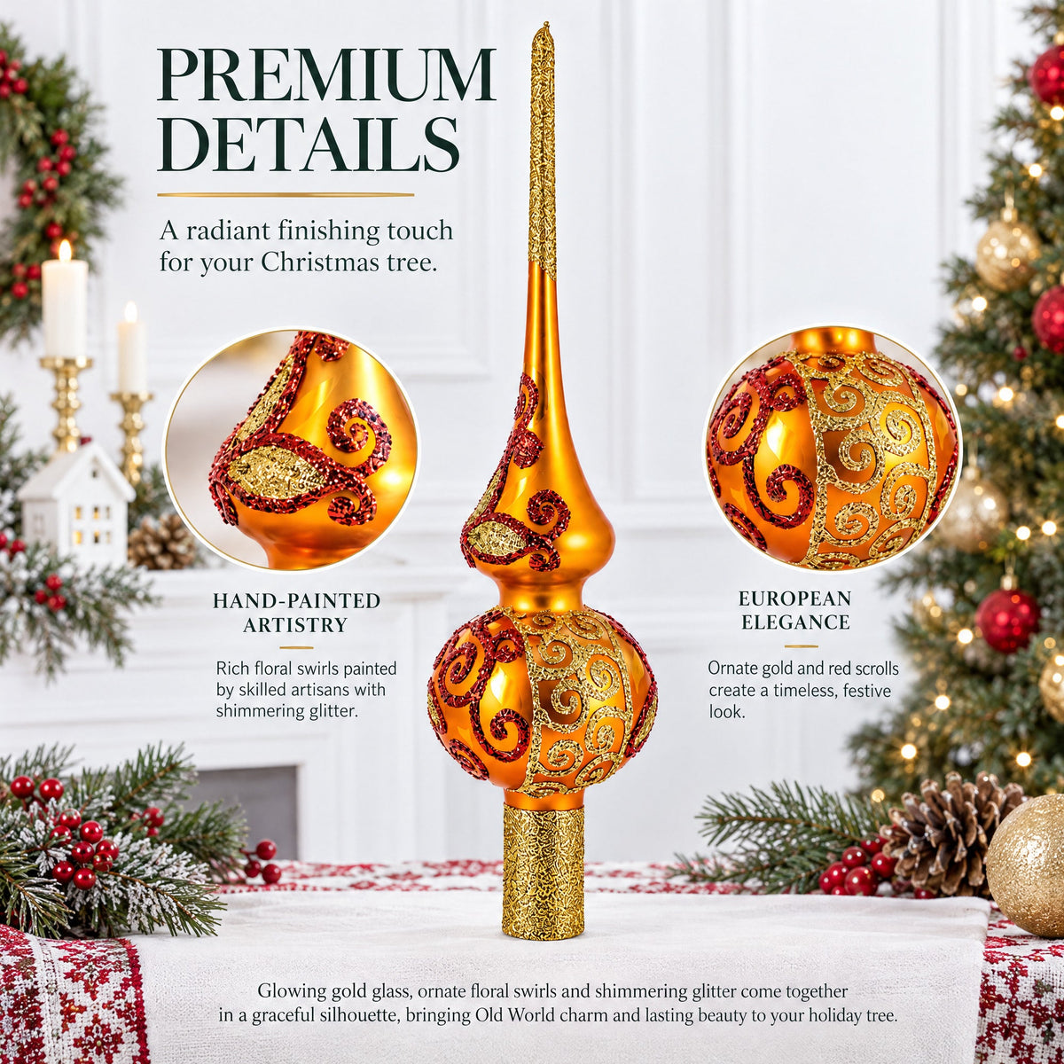 Sparkling Leaves on Gold Glass Christmas Tree Topper 11 Inches
