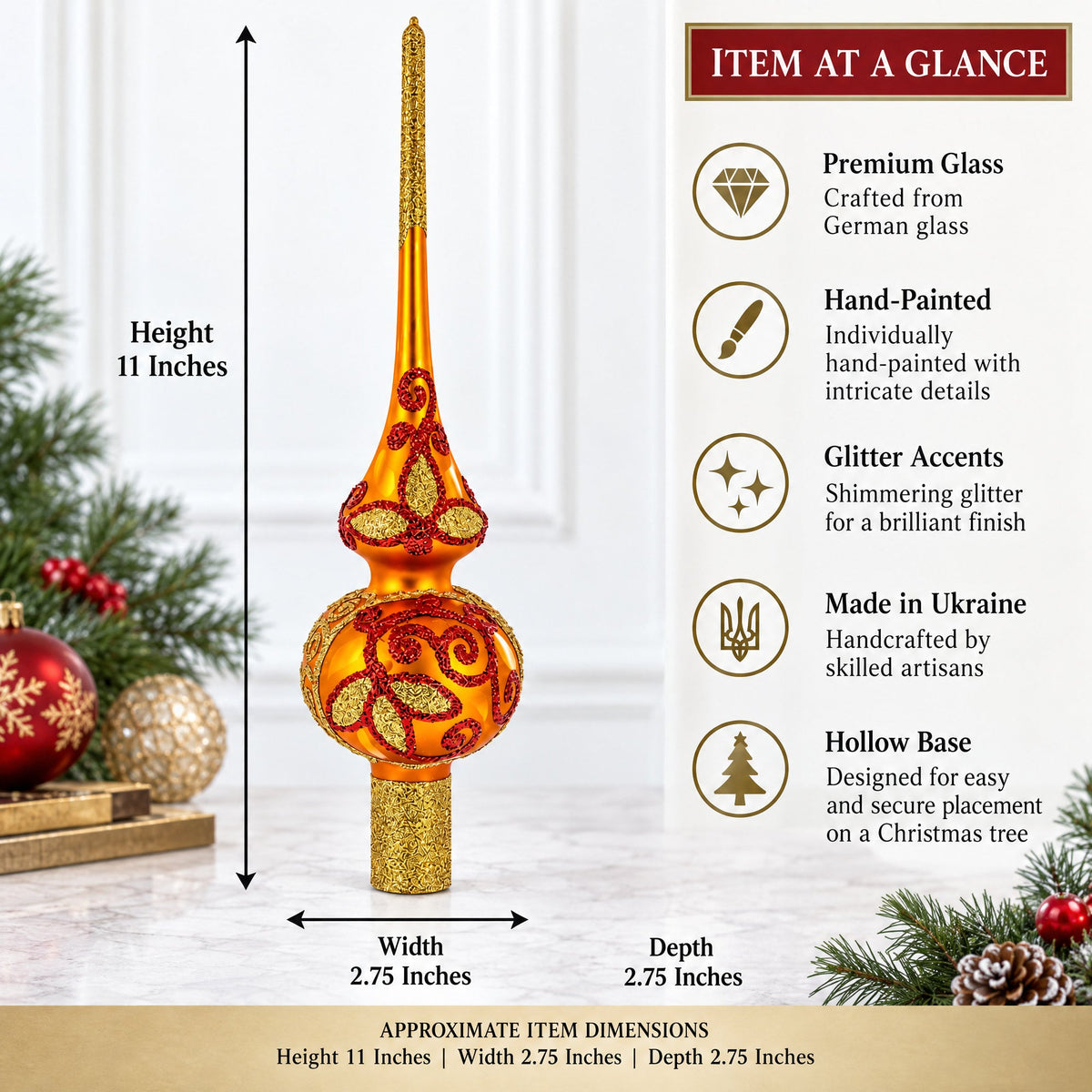 Sparkling Leaves on Gold Glass Christmas Tree Topper 11 Inches