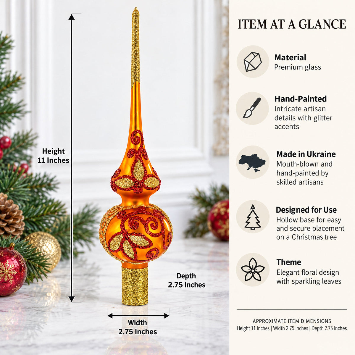 Sparkling Leaves on Gold Glass Christmas Tree Topper 11 Inches