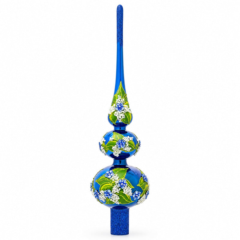 Blue Flowers on Glossy Blue Mouth Glass Christmas Tree Topper 12.5 Inches