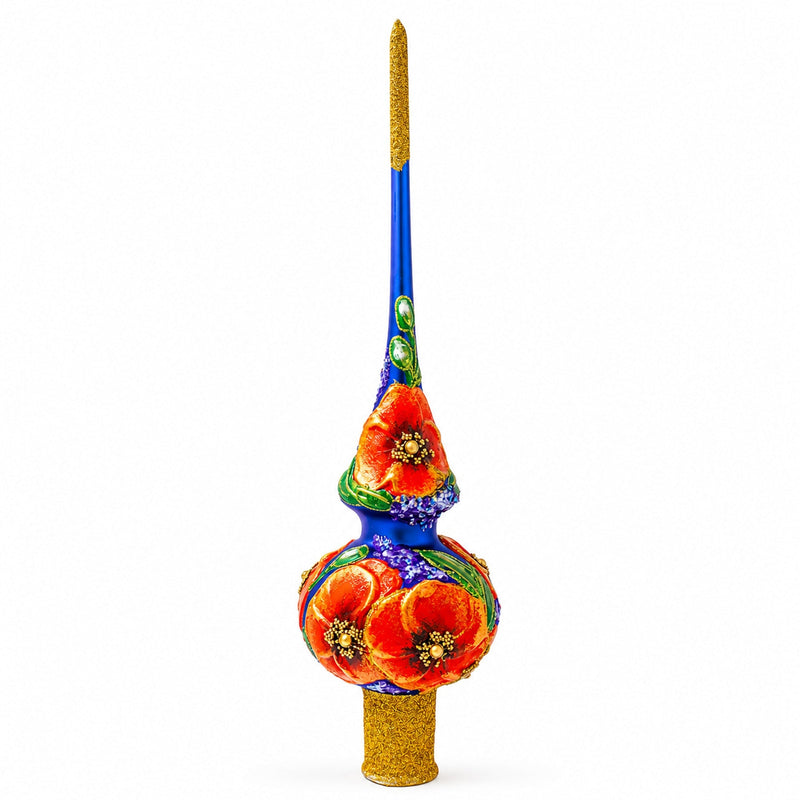 Poppy Flowers on Blue Glass Christmas Tree Topper 11 Inches