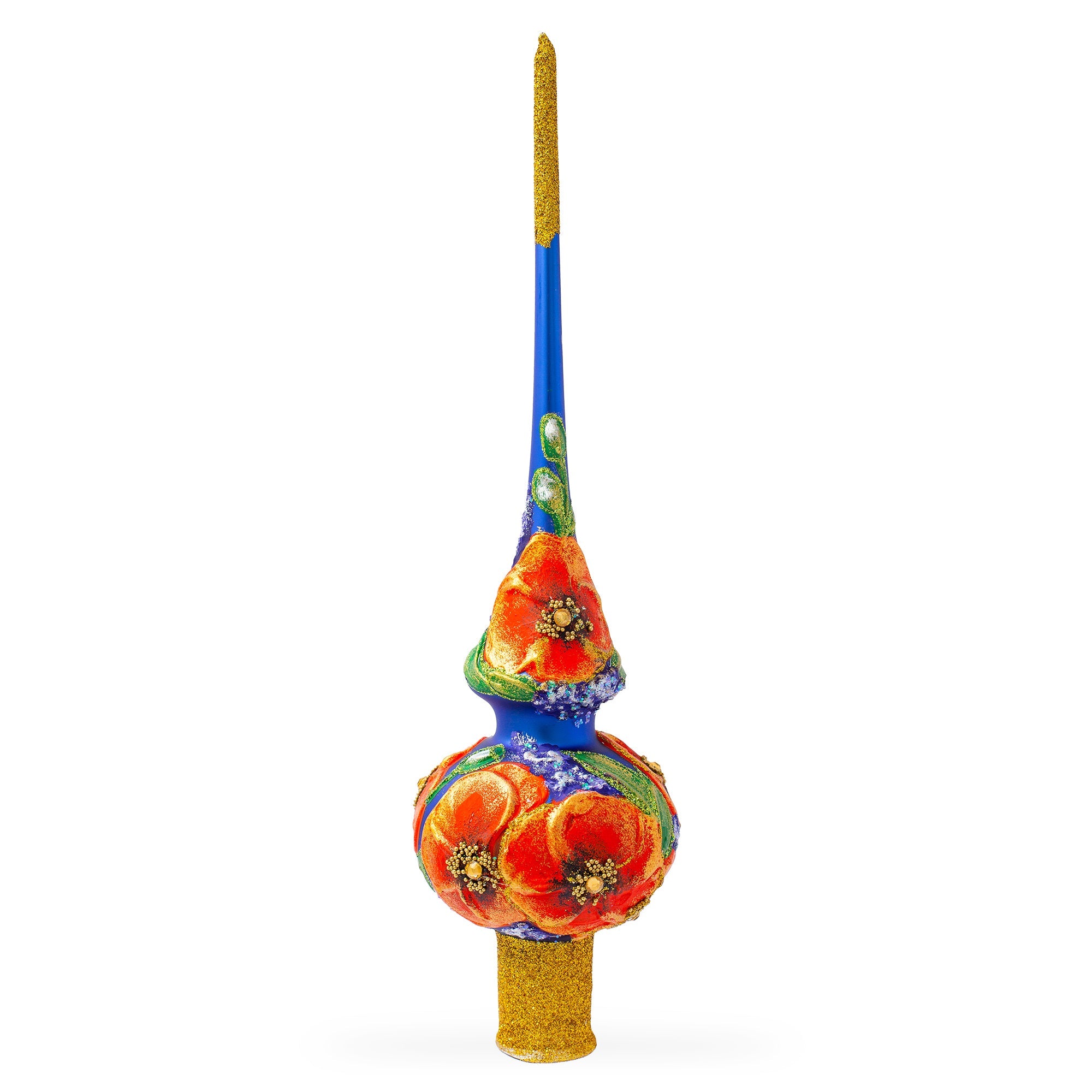 Poppy Flowers on Blue Glass Christmas Tree Topper 11 Inches