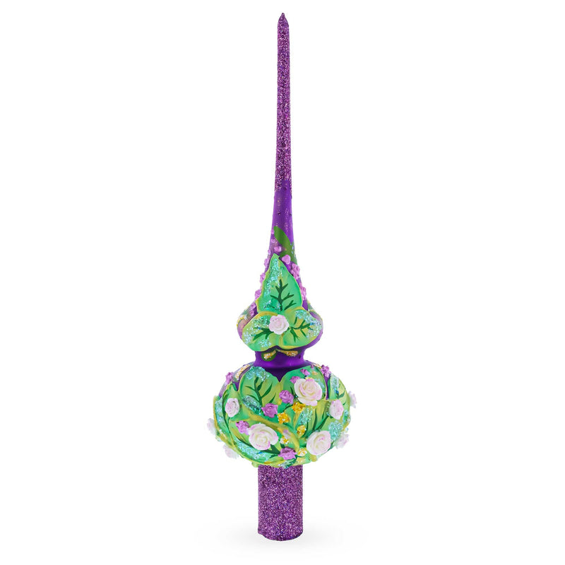 Dimensional Pink Roses on PurpleGlass Christmas Tree Topper 11 Inches