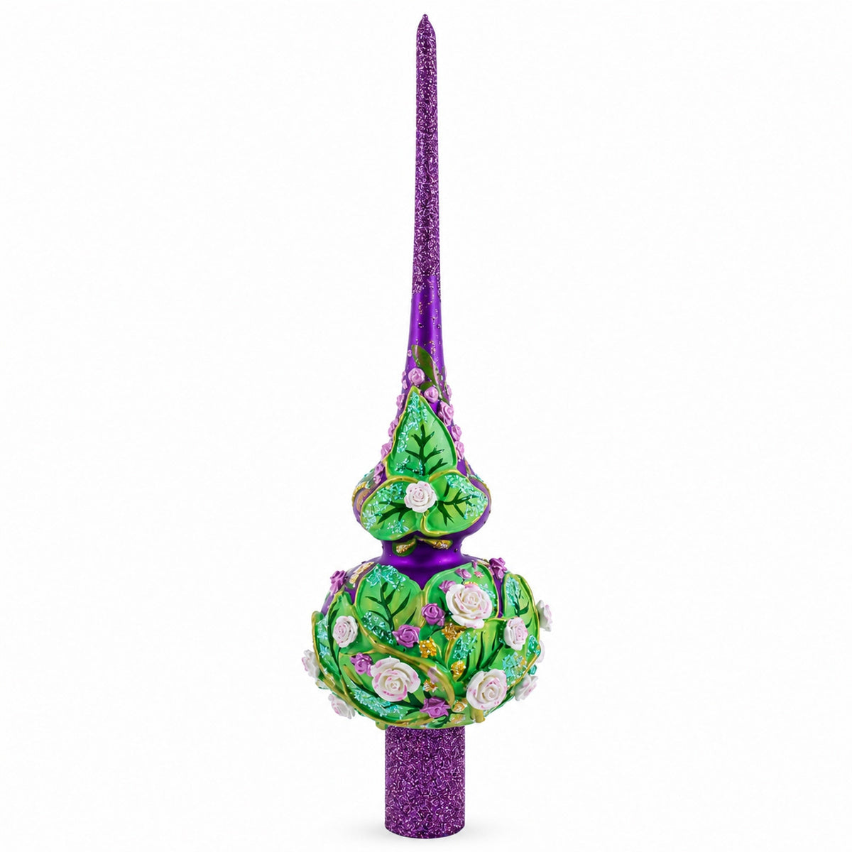 Dimensional Pink Roses on PurpleGlass Christmas Tree Topper 11 Inches