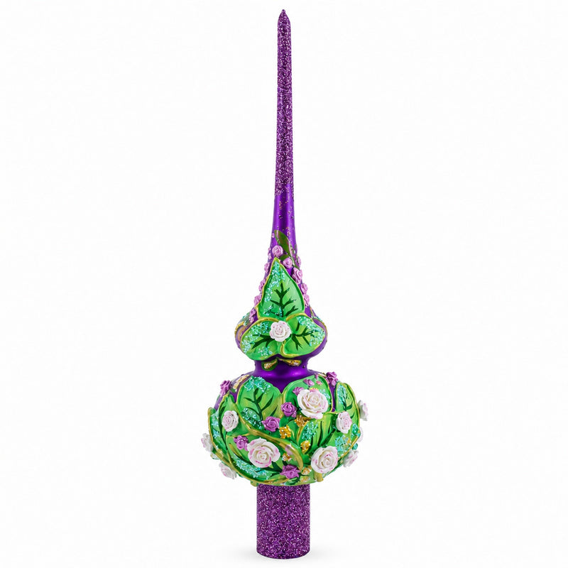 Dimensional Pink Roses on PurpleGlass Christmas Tree Topper 11 Inches