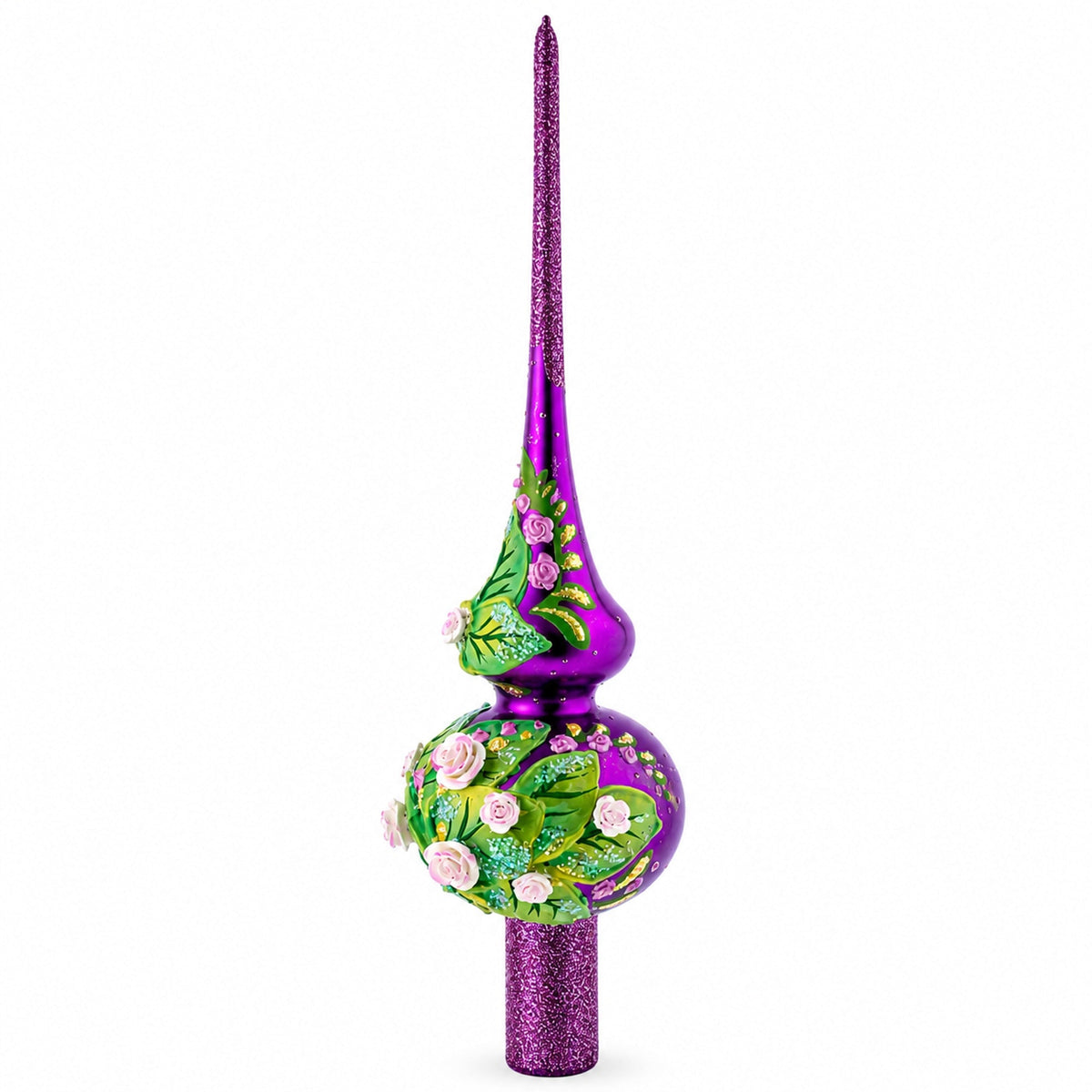 Dimensional Pink Roses on PurpleGlass Christmas Tree Topper 11 Inches