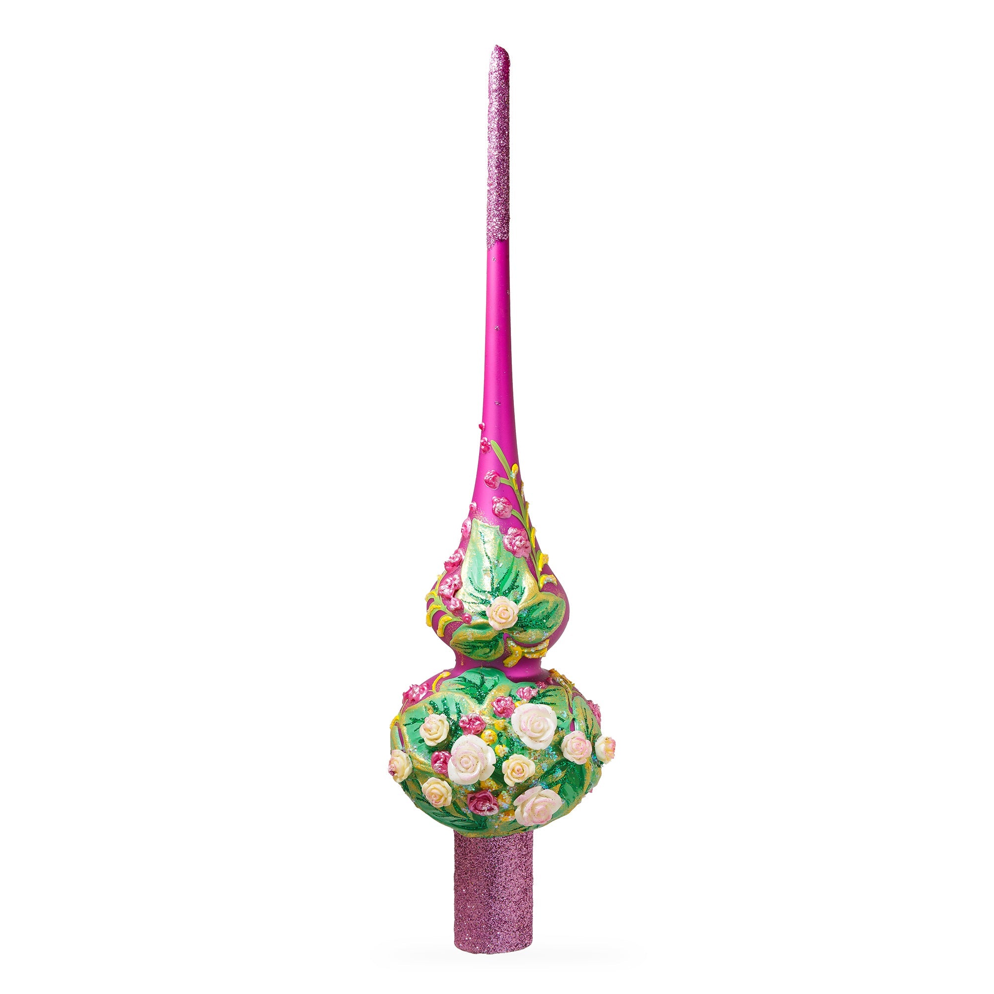 Dimensional Pink Roses on PurpleGlass Christmas Tree Topper 11 Inches