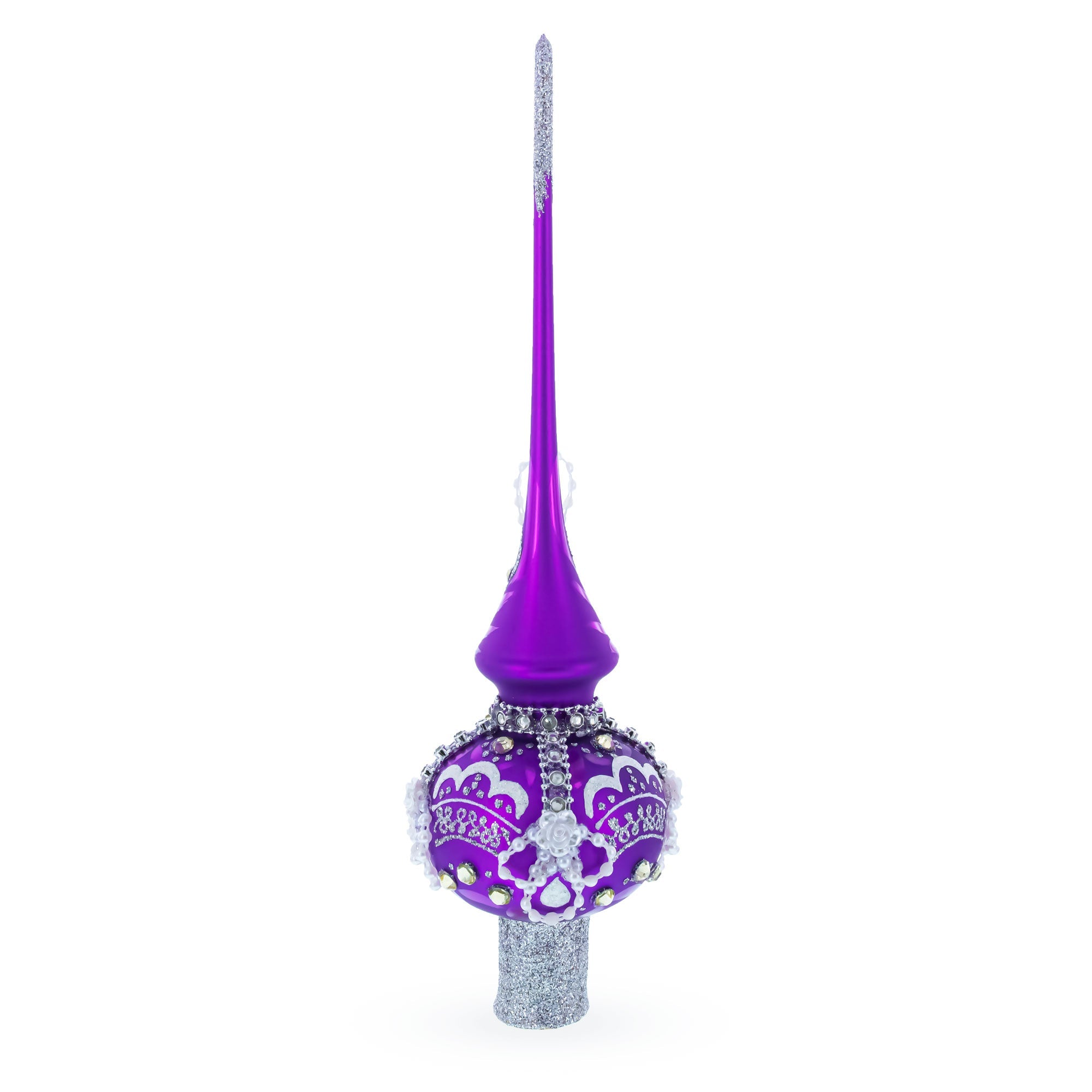 Dimensional White Roses on Purple Glass Christmas Tree Topper 11 Inches