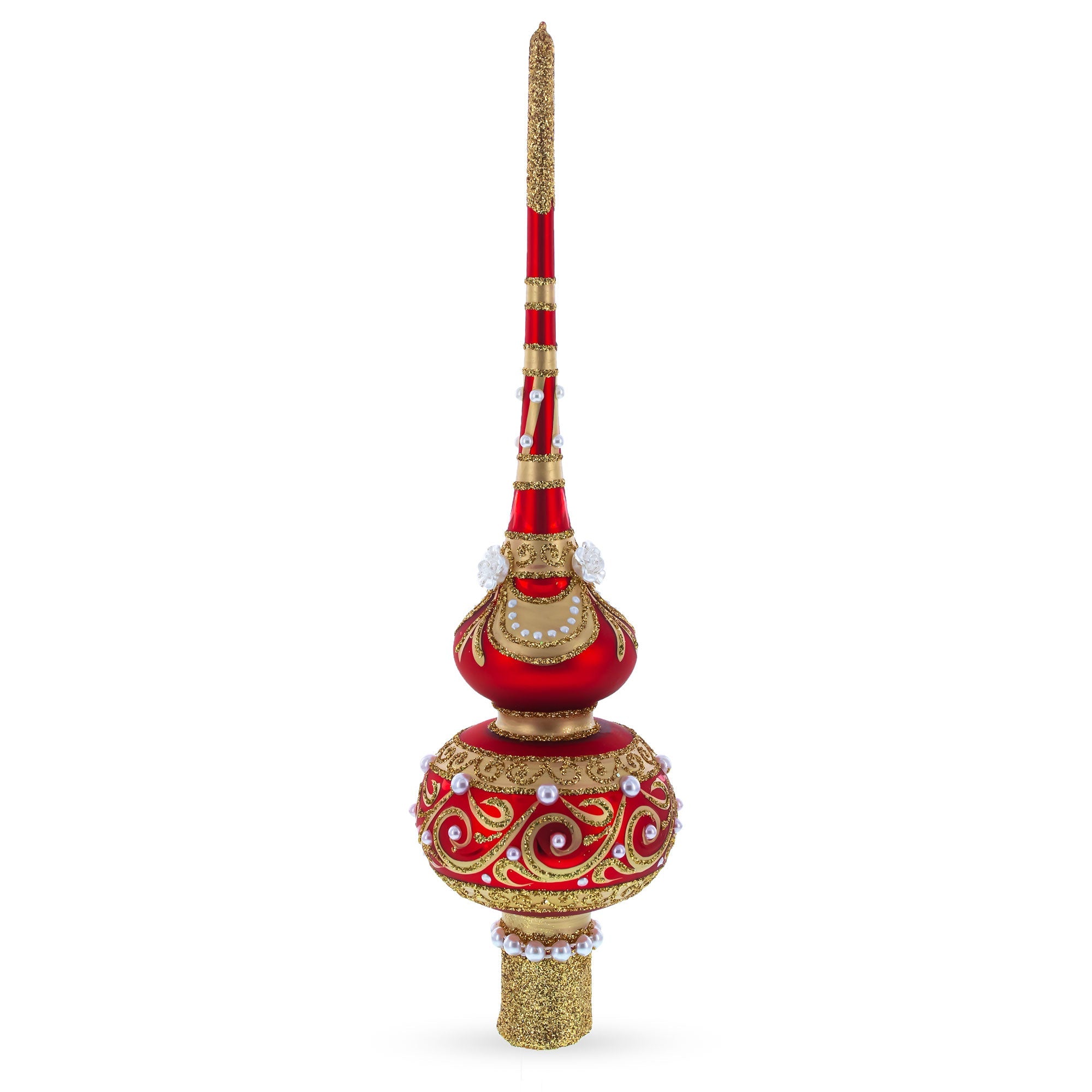 Dimensional Roses and Pearls on Golden ScrollGlass Christmas Tree Topper 11 Inches