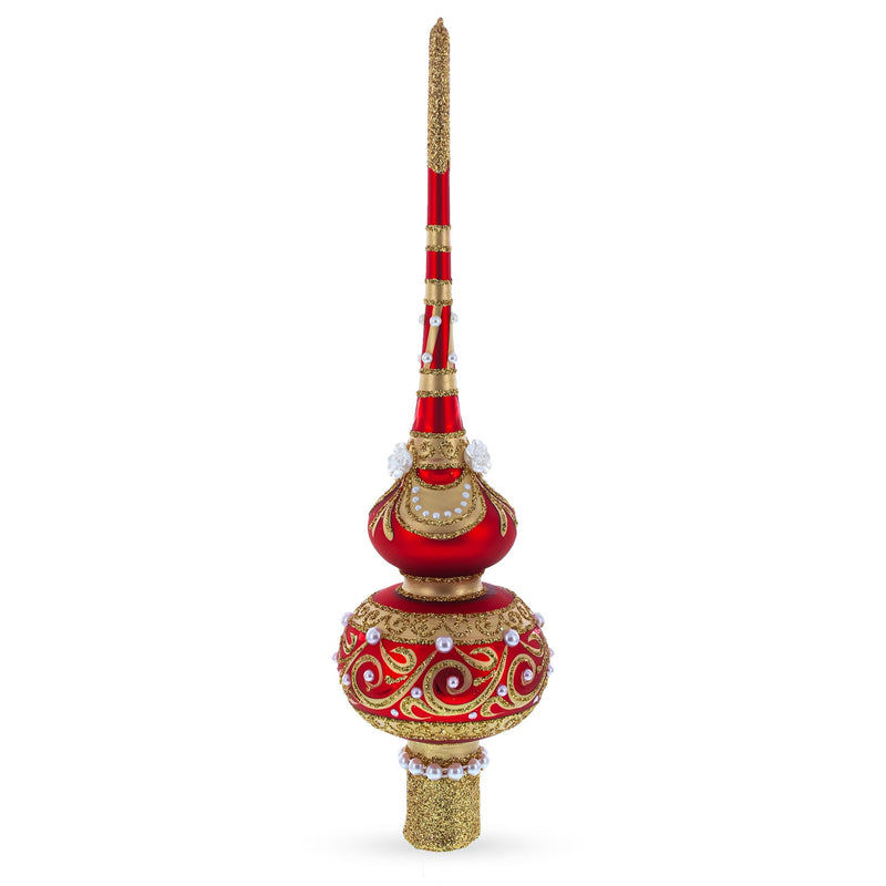 Dimensional Roses and Pearls on Golden ScrollGlass Christmas Tree Topper 11 Inches