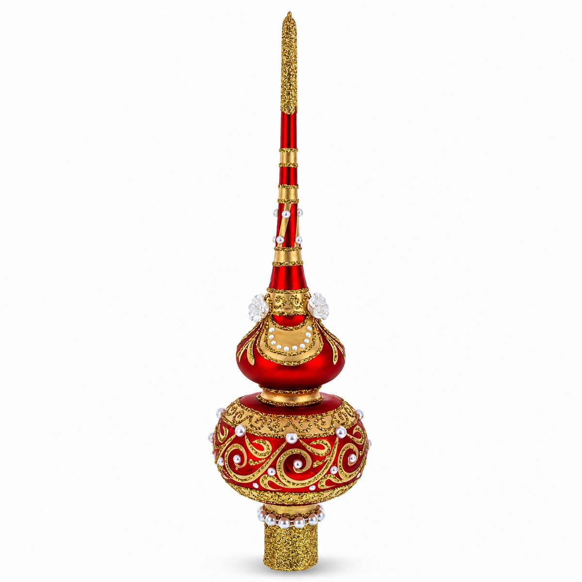 Dimensional Roses and Pearls on Golden ScrollGlass Christmas Tree Topper 11 Inches